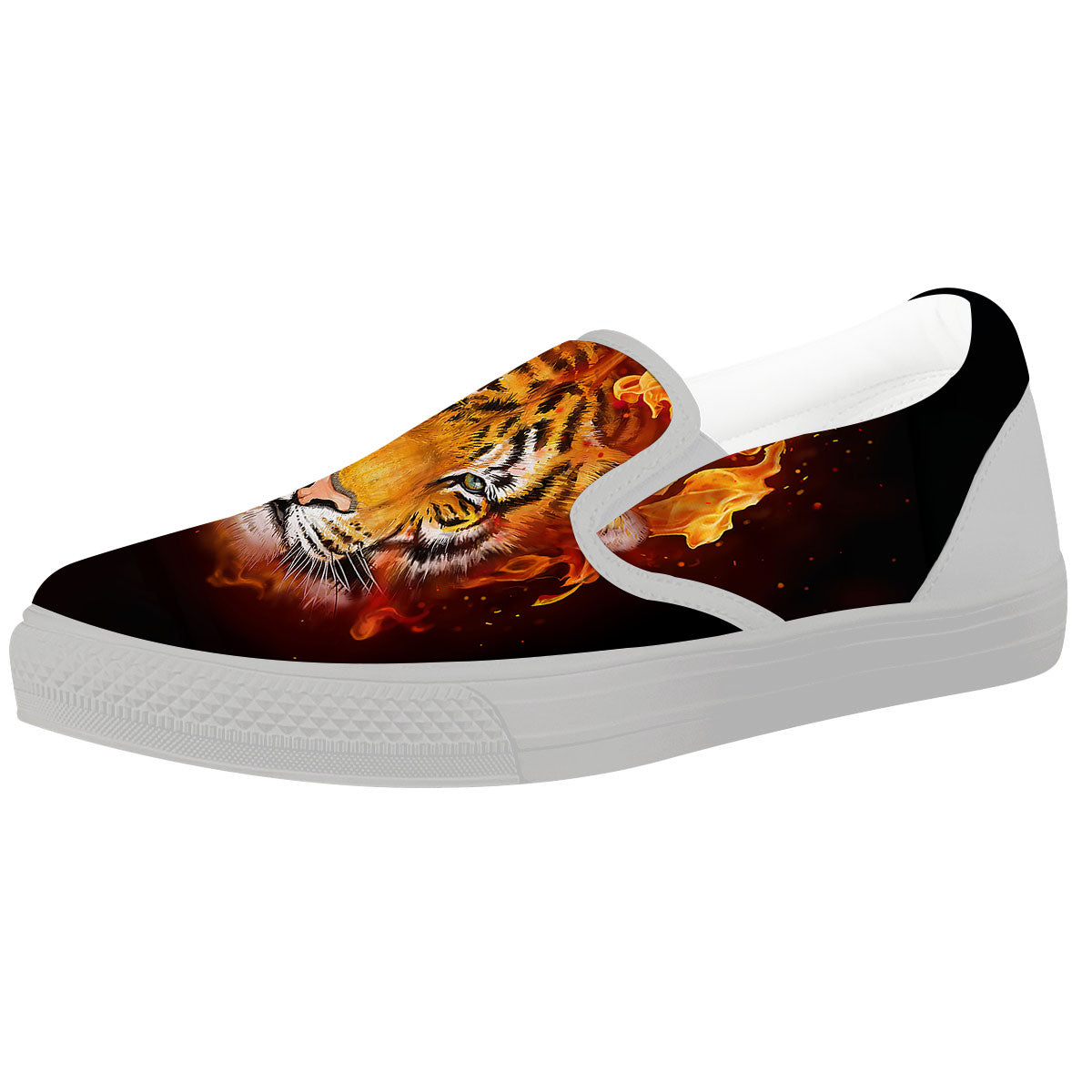 Tiger Flame Print White Slip On Shoes-grizzshop