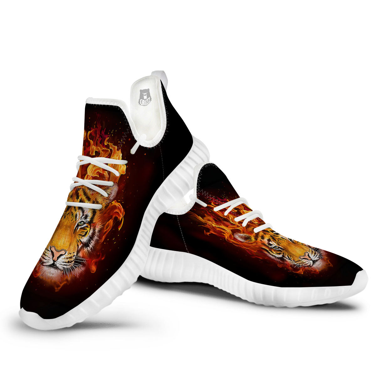 Tiger Flame Print White Walking Shoes-grizzshop