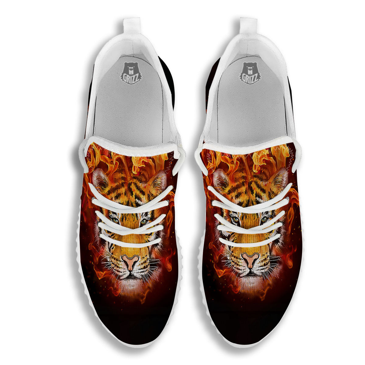Tiger Flame Print White Walking Shoes-grizzshop