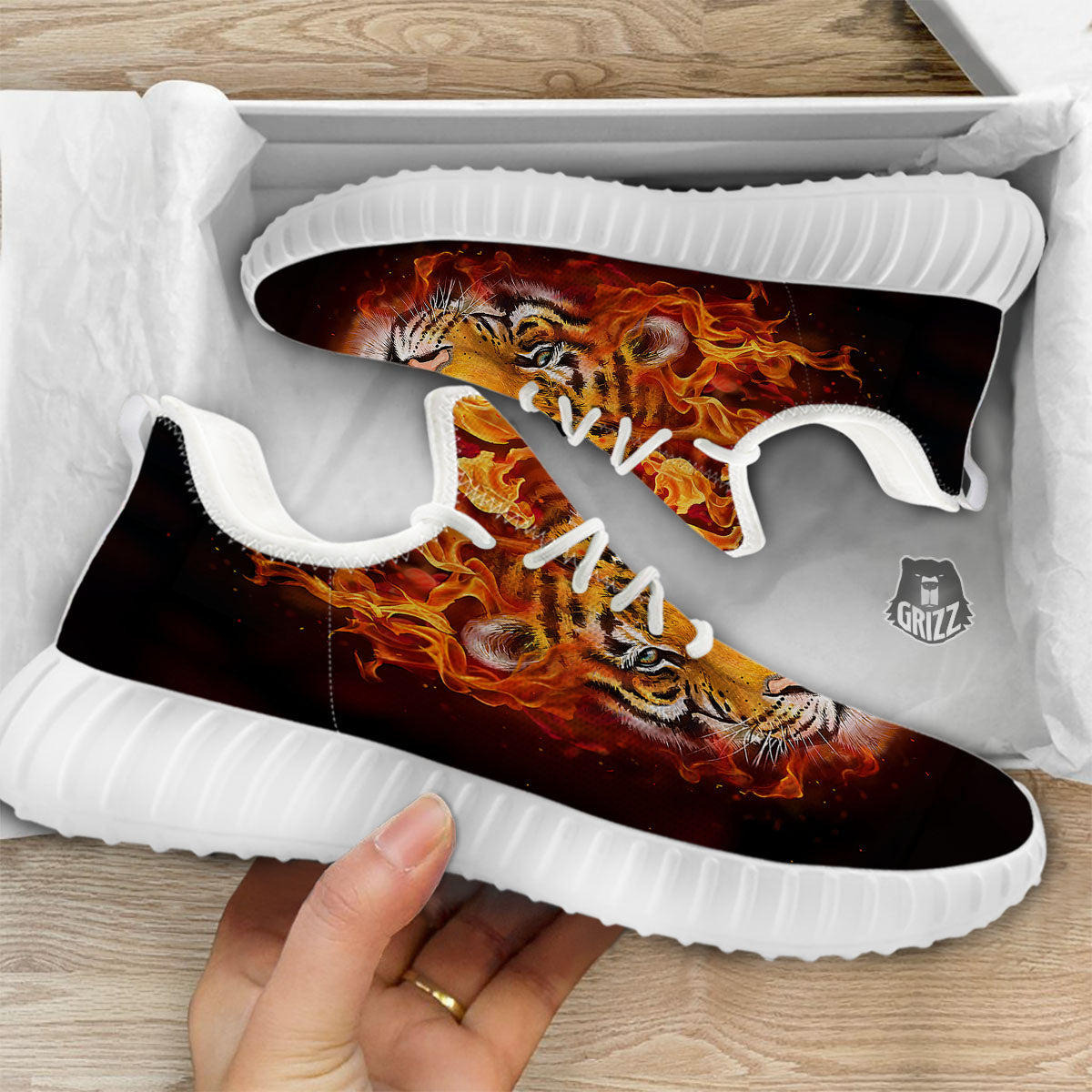 Tiger Flame Print White Walking Shoes-grizzshop