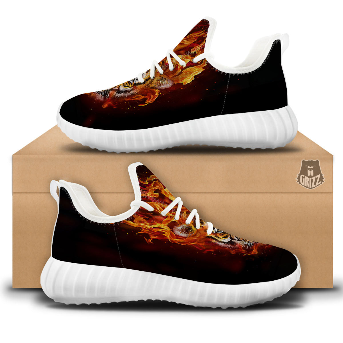 Tiger Flame Print White Walking Shoes-grizzshop