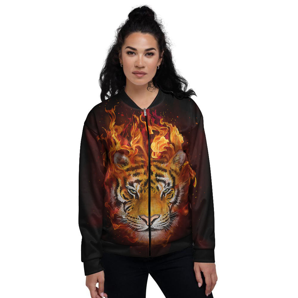 Tiger Flame Print Women's Bomber Jacket-grizzshop