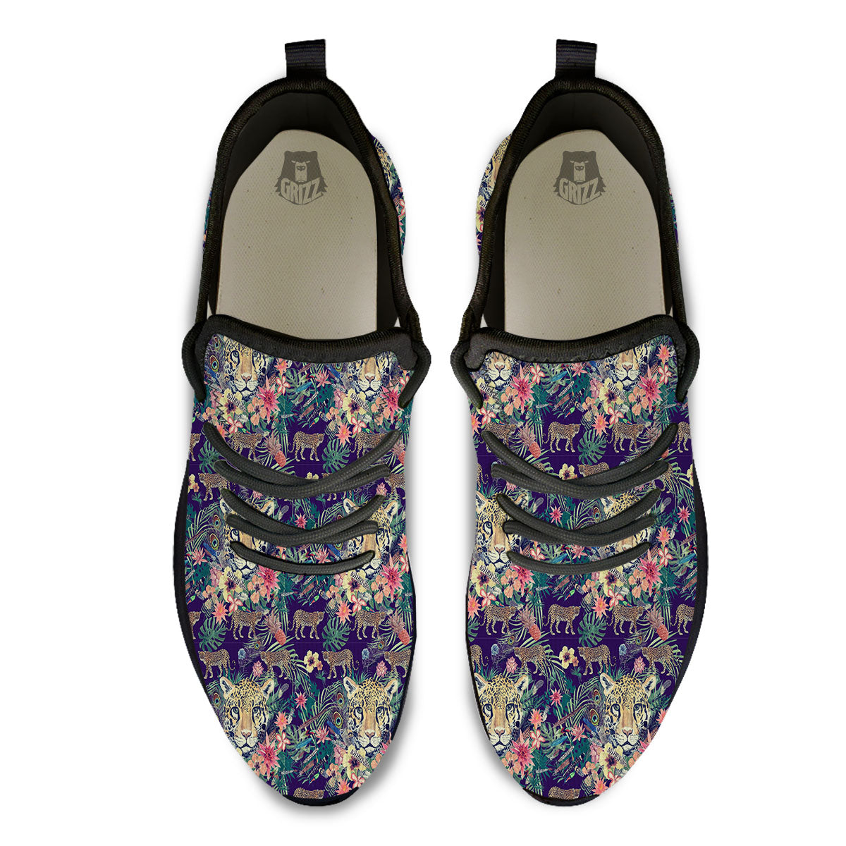 Tiger Flower And Print Pattern Black Athletic Shoes-grizzshop