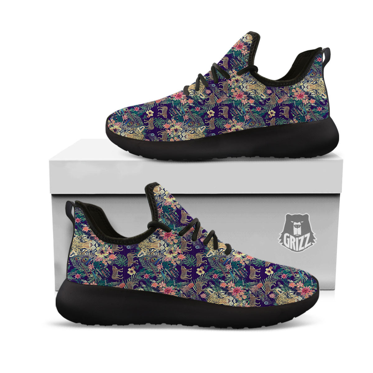 Tiger Flower And Print Pattern Black Athletic Shoes-grizzshop