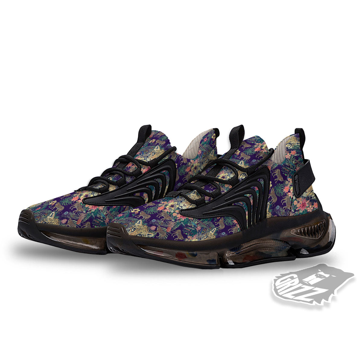 Tiger Flower And Print Pattern Black Gym Shoes-grizzshop