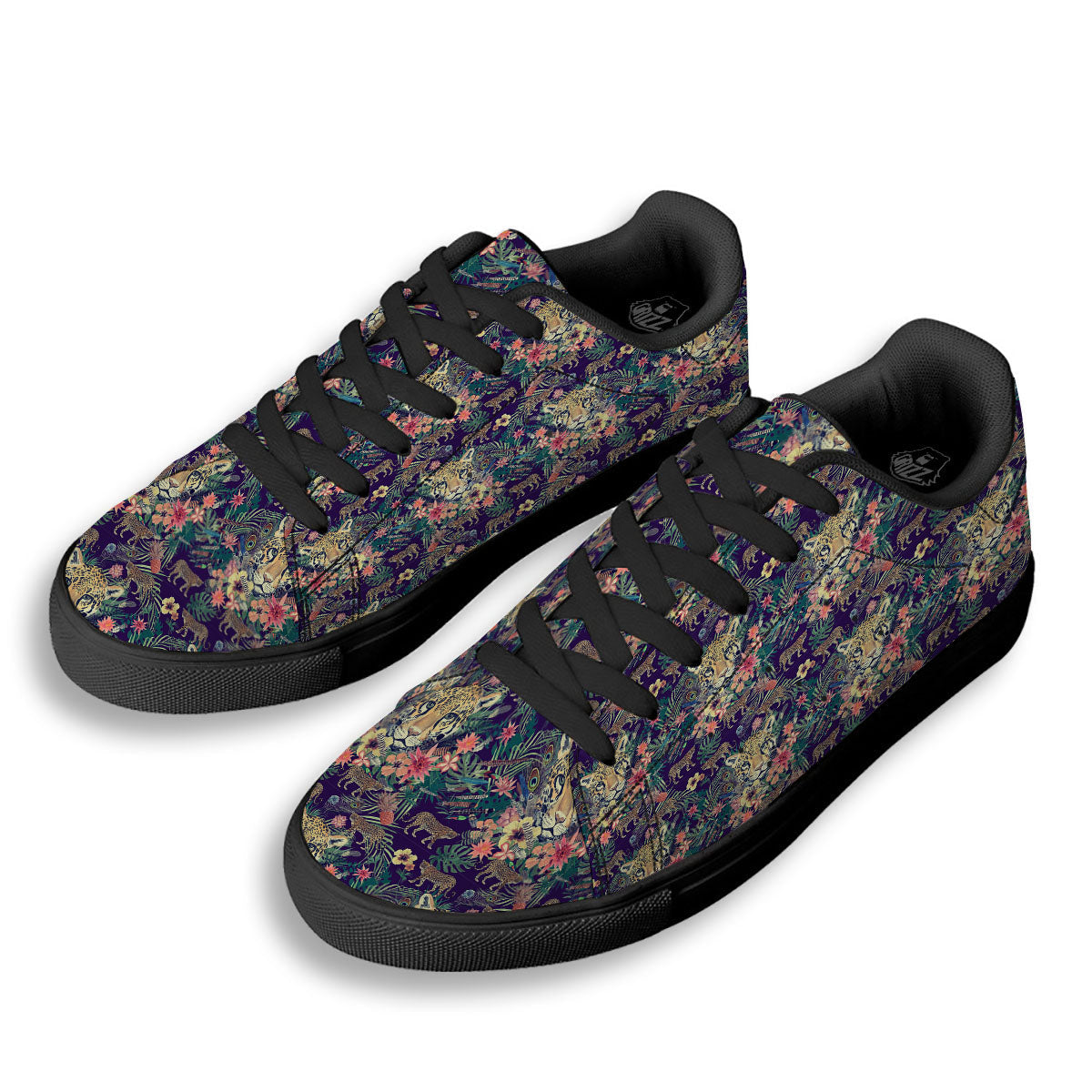 Tiger Flower And Print Pattern Black Low Top Sneakers-grizzshop