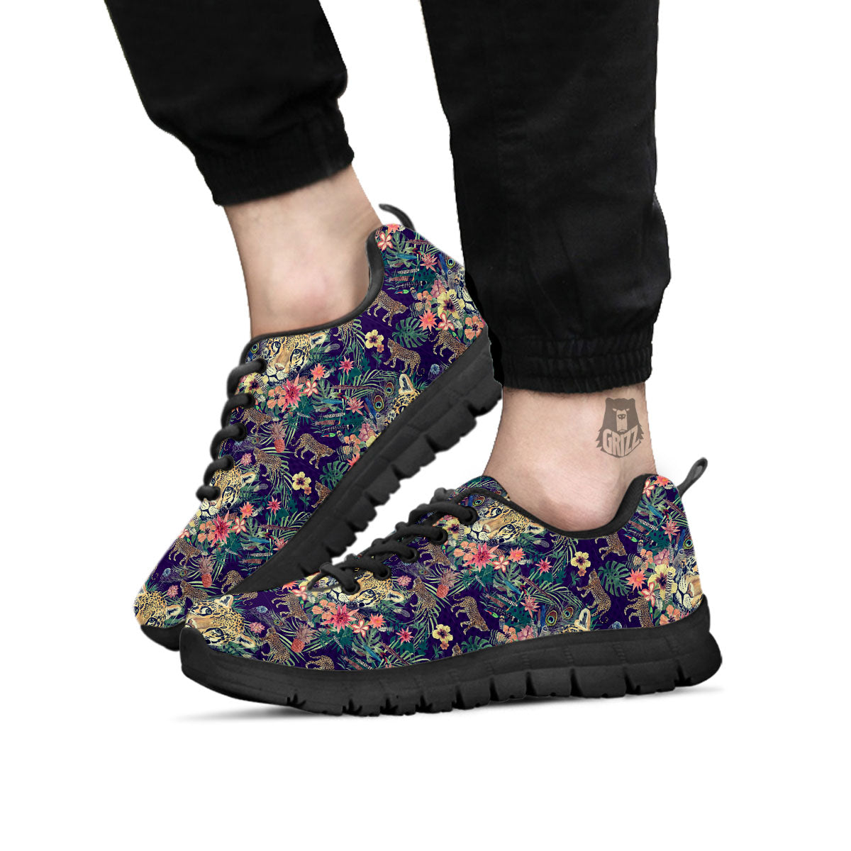 Tiger Flower And Print Pattern Black Sneaker-grizzshop