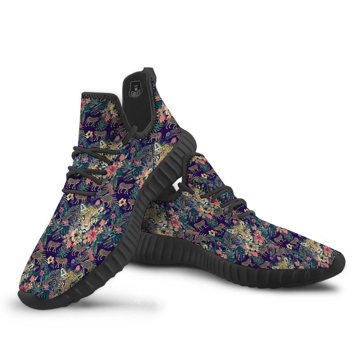 Tiger Flower And Print Pattern Black Walking Shoes-grizzshop