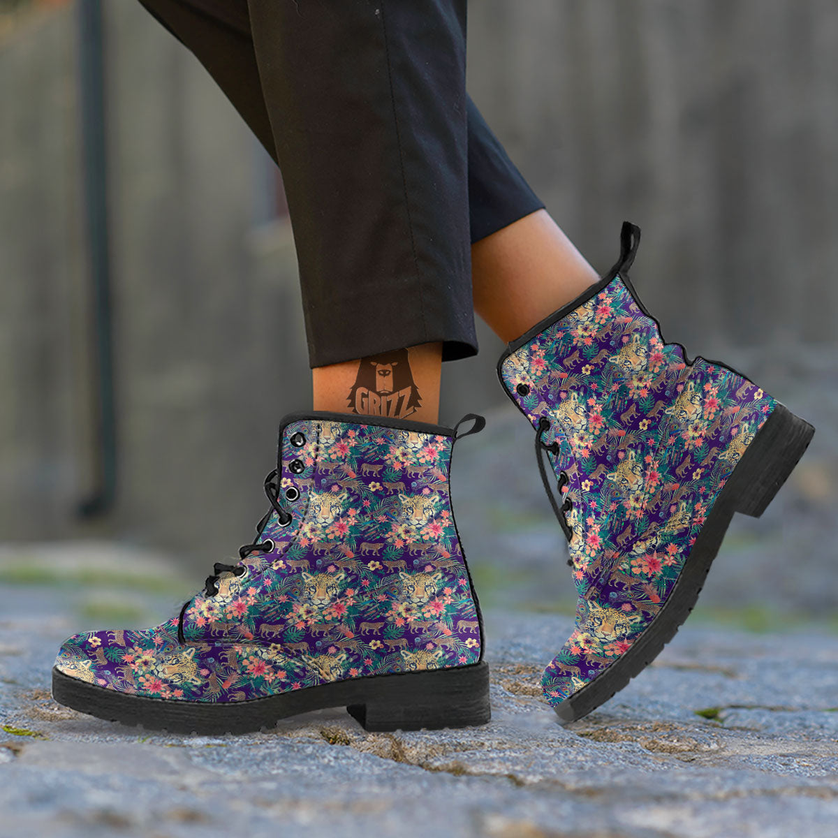 Tiger Flower And Print Pattern Leather Boots-grizzshop