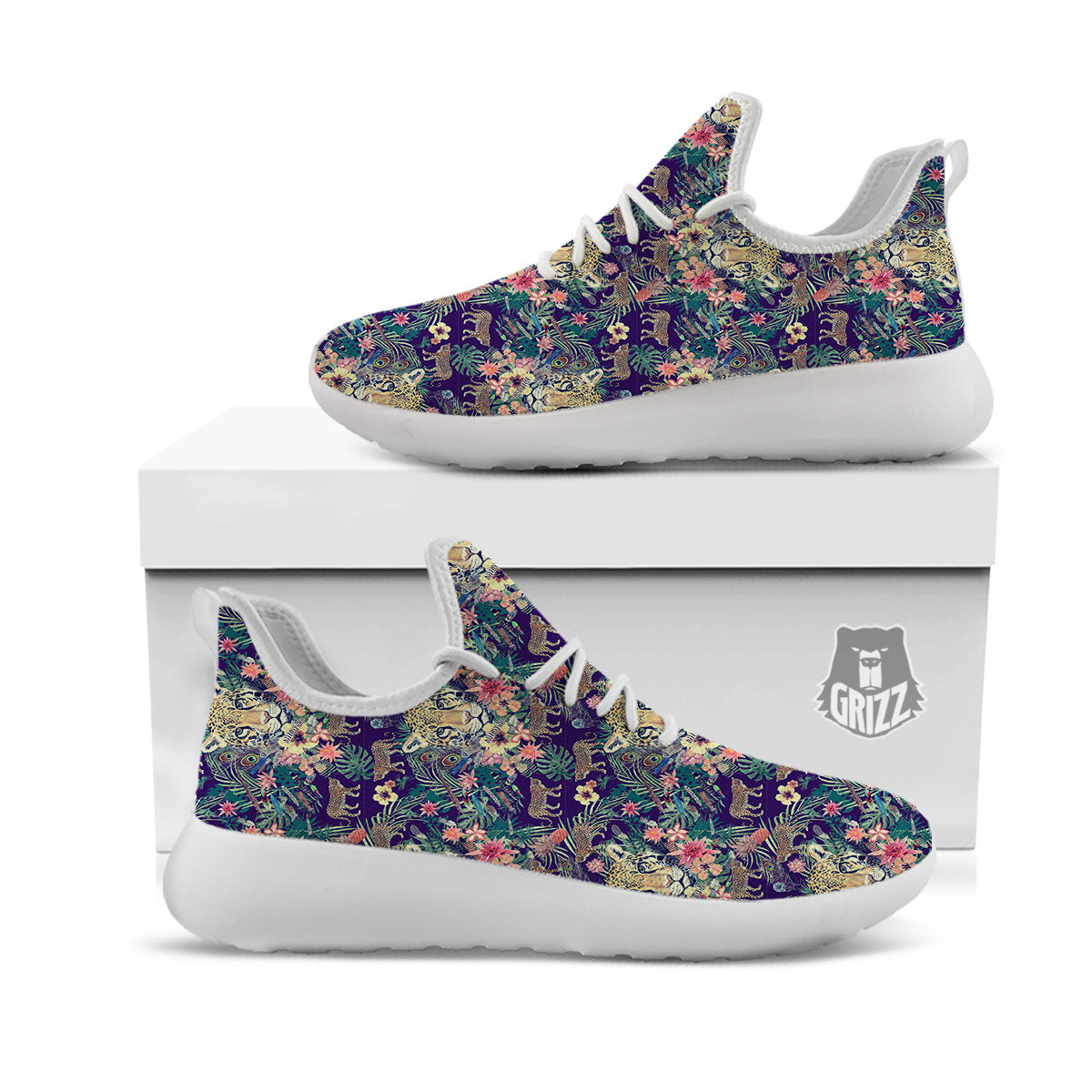 Tiger Flower And Print Pattern White Athletic Shoes-grizzshop