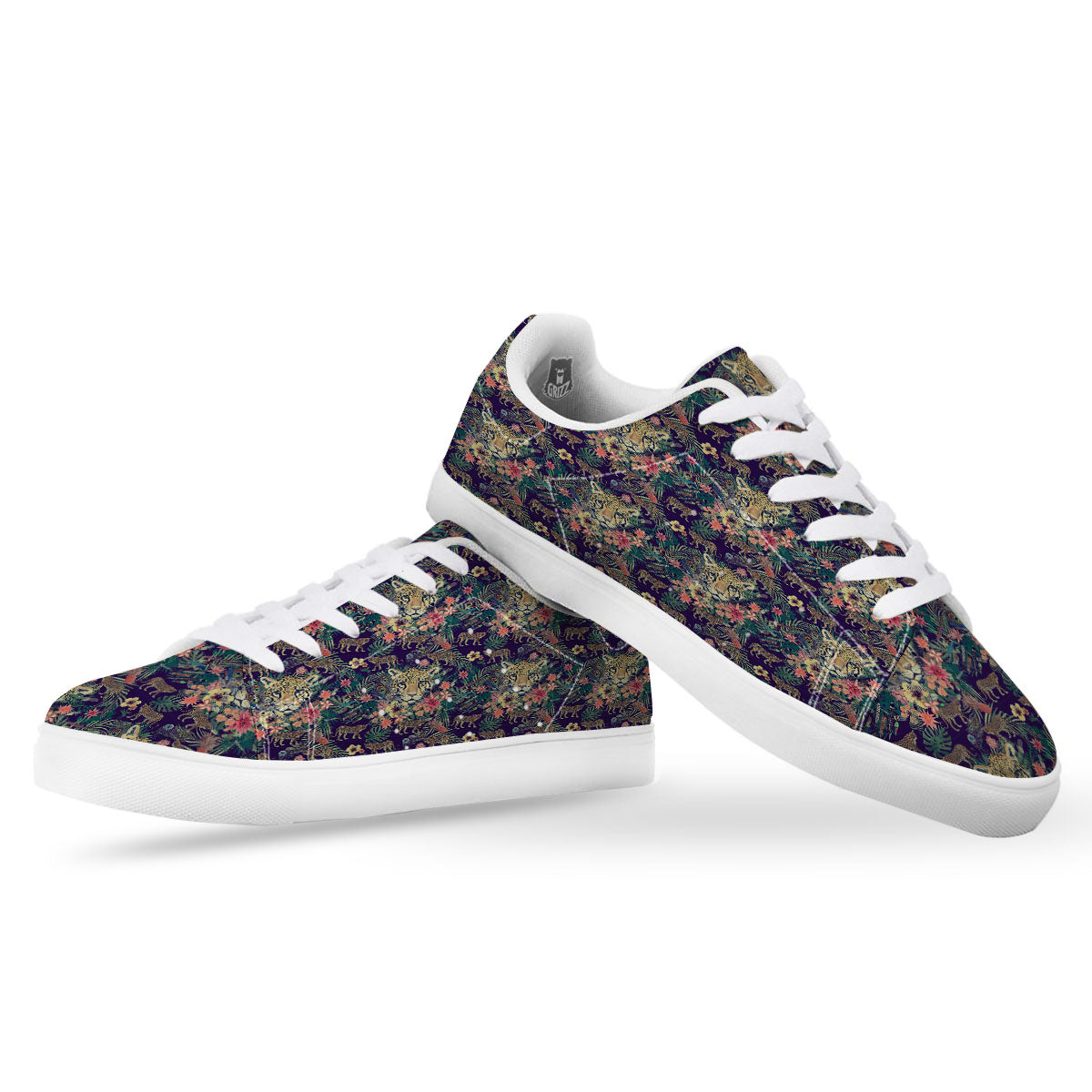 Tiger Flower And Print Pattern White Low Top Sneakers-grizzshop