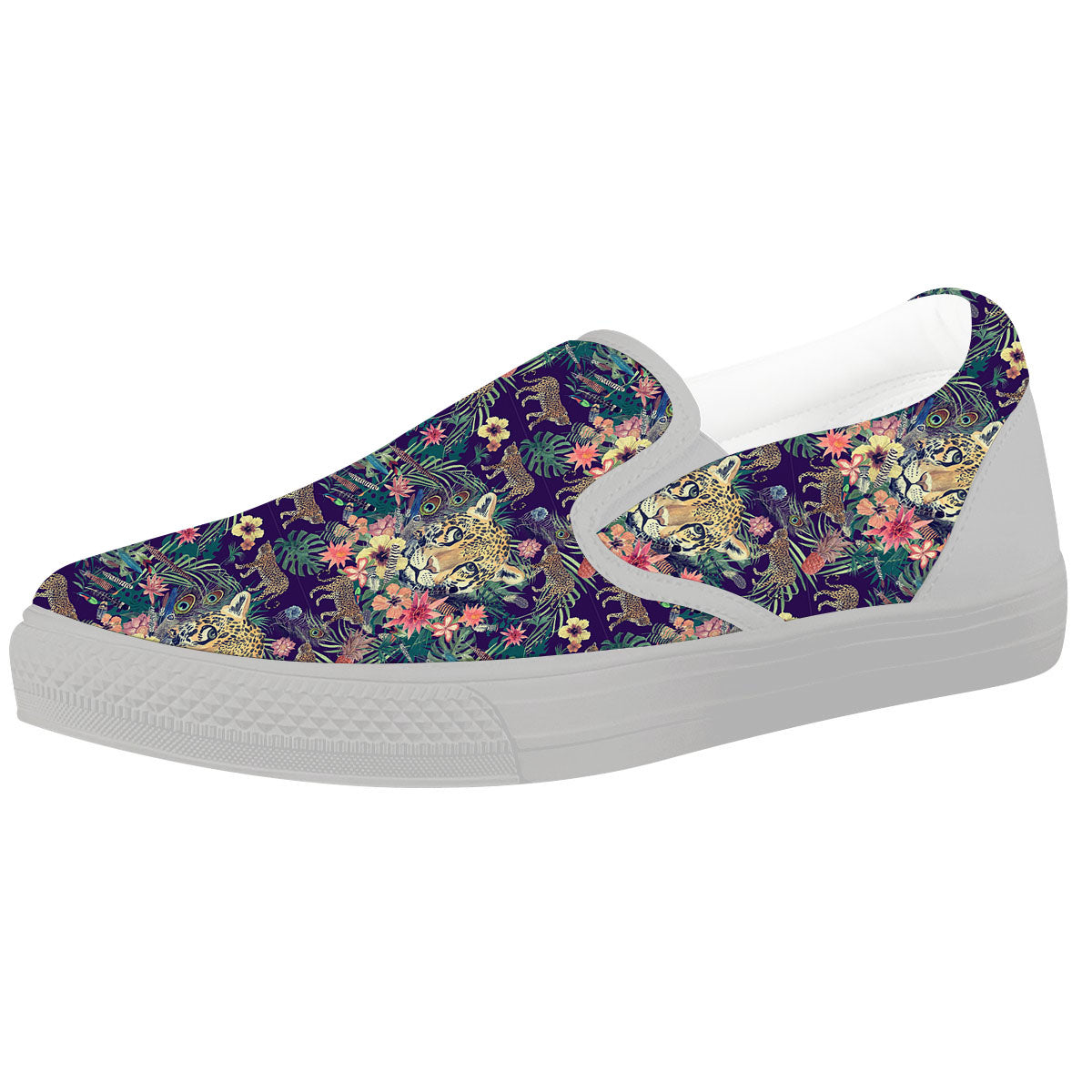 Tiger Flower And Print Pattern White Slip On Shoes-grizzshop