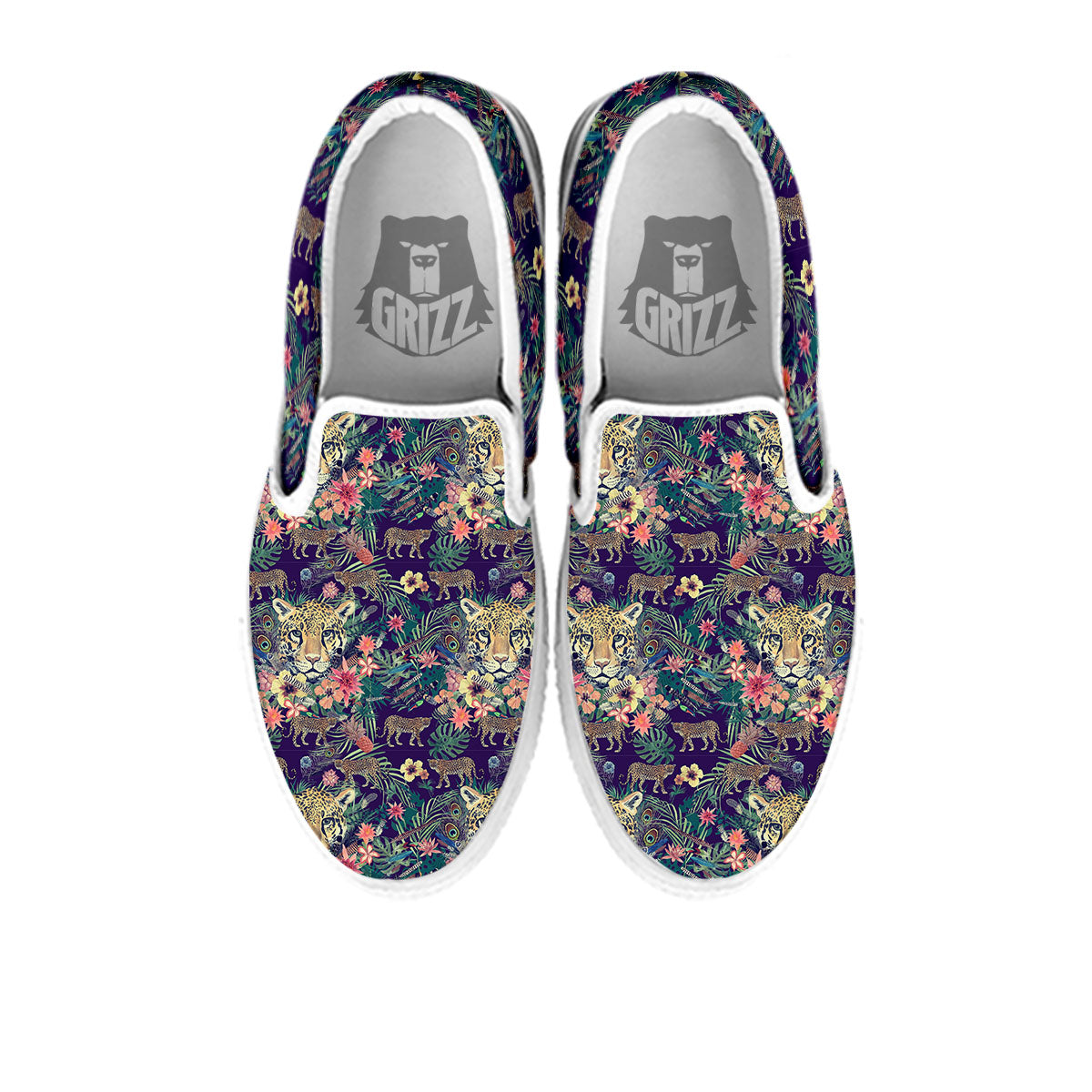 Tiger Flower And Print Pattern White Slip On Shoes-grizzshop