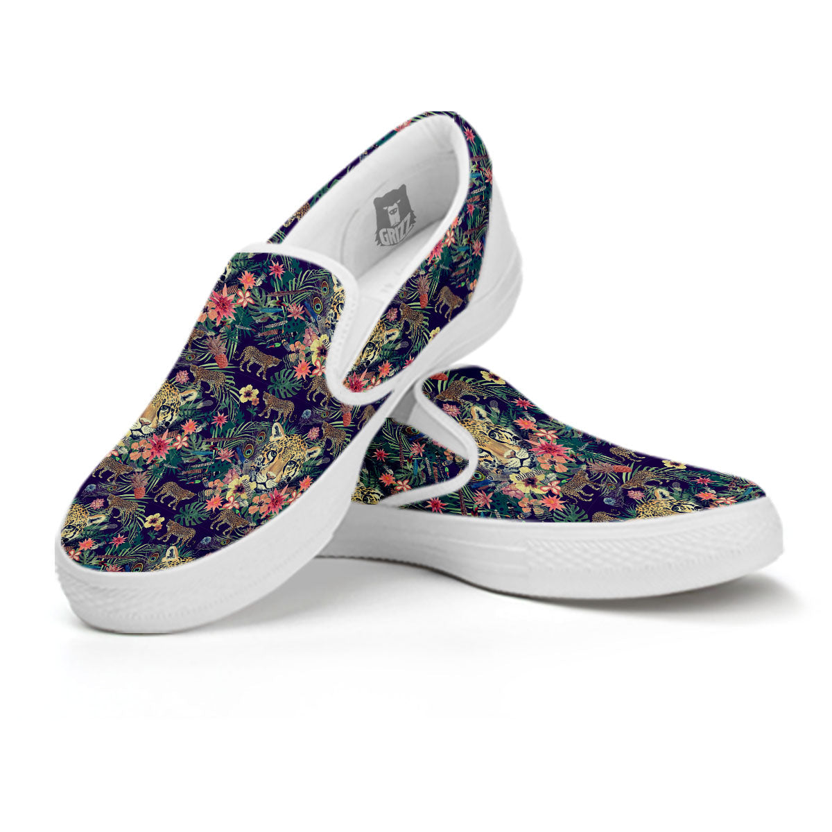 Tiger Flower And Print Pattern White Slip On Shoes-grizzshop