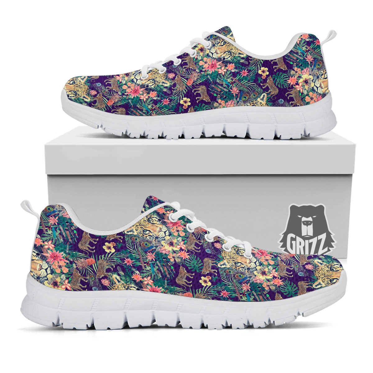 Tiger Flower And Print Pattern White Sneaker-grizzshop
