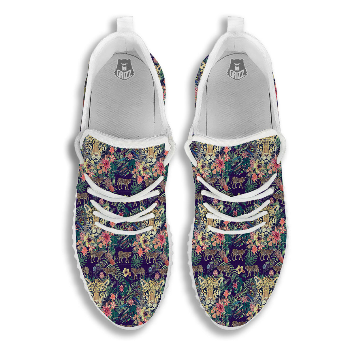 Tiger Flower And Print Pattern White Walking Shoes-grizzshop