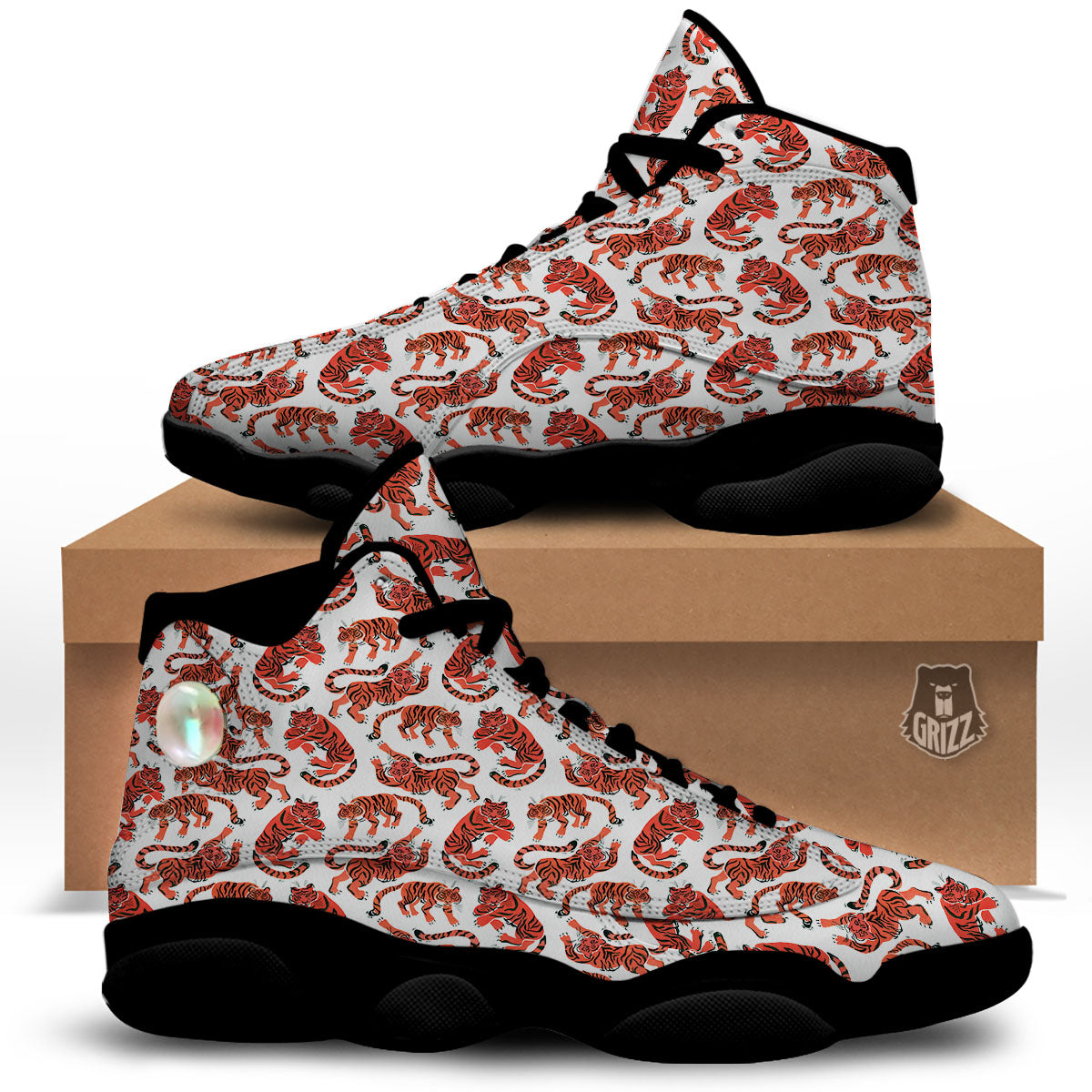 Tiger Gouache Print Pattern Black Basketball Shoes-grizzshop