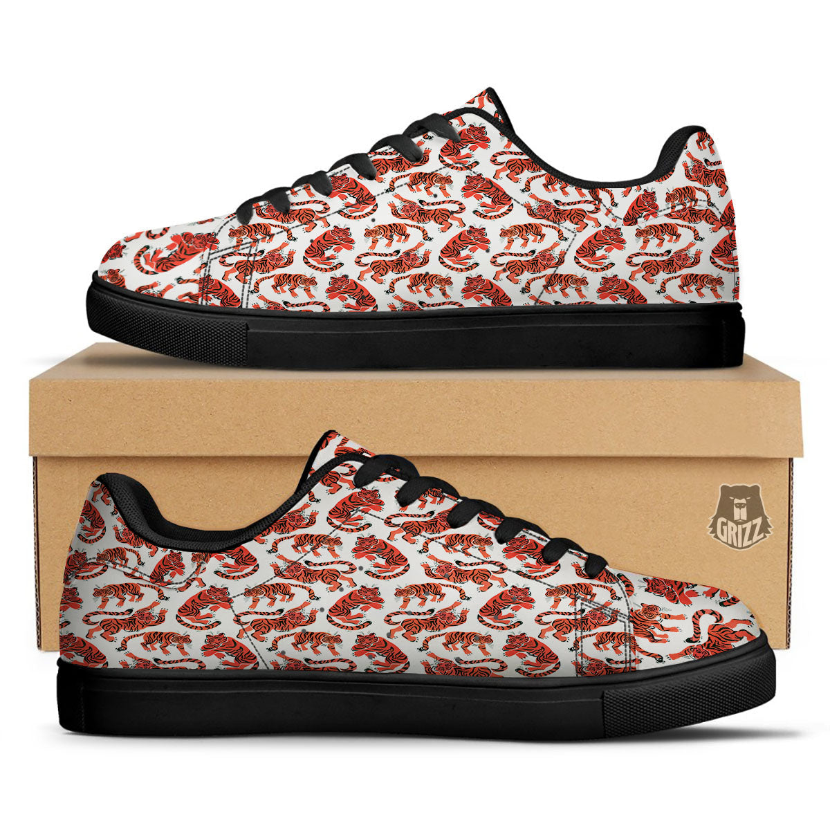 Tiger Gouache Print Pattern Black Low Top Sneakers-grizzshop