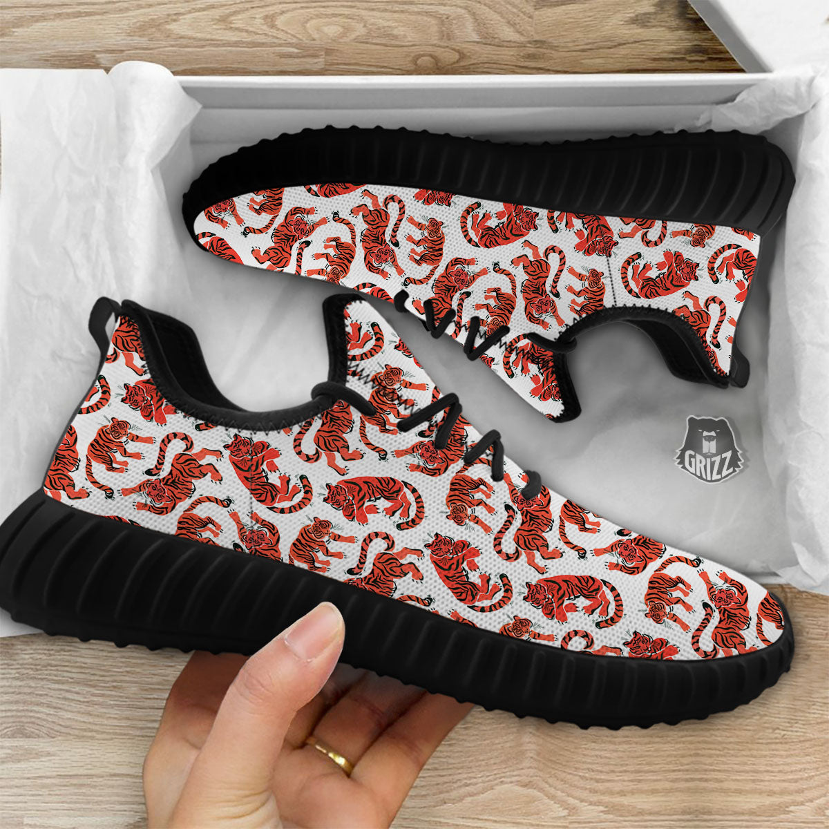 Tiger Gouache Print Pattern Black Walking Shoes-grizzshop