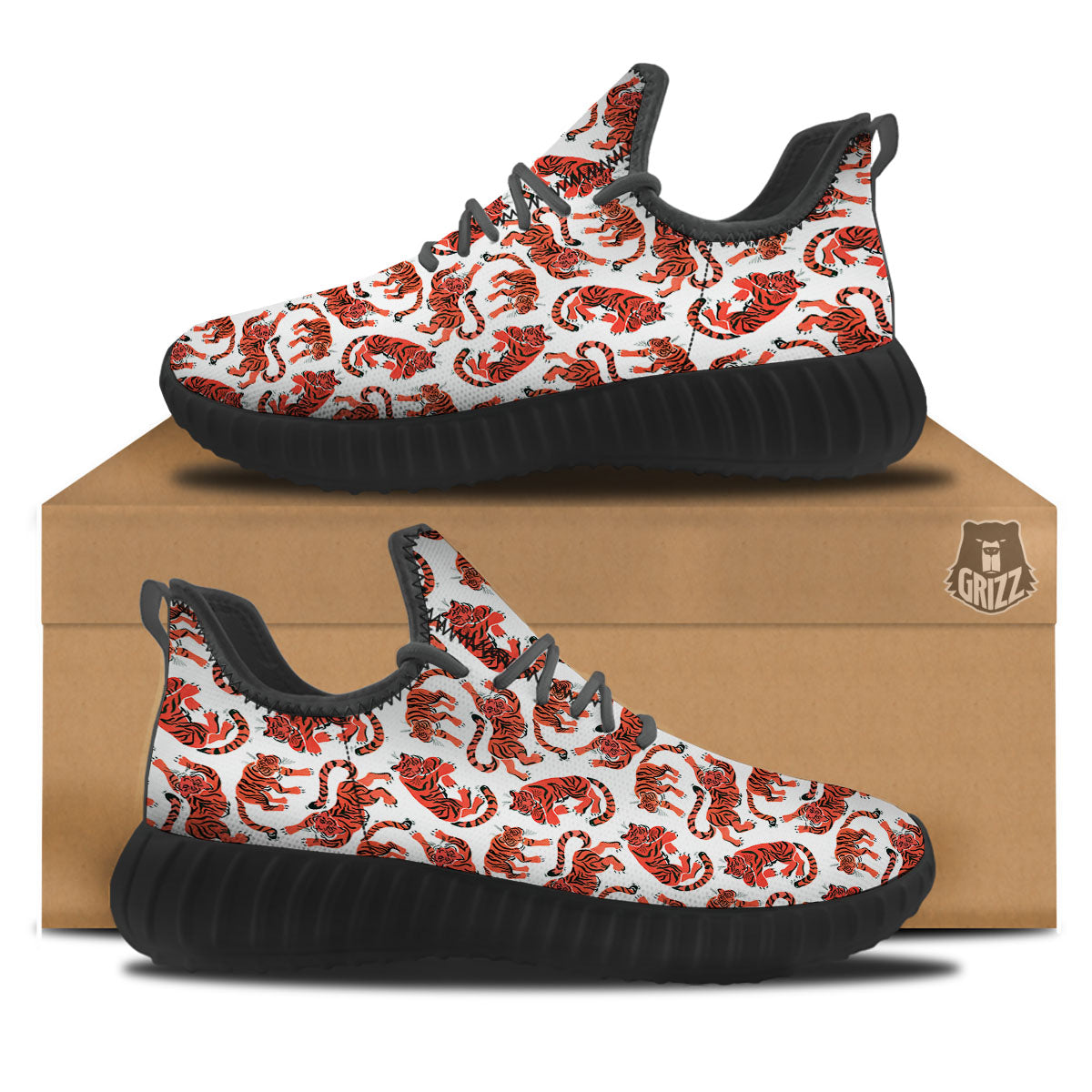 Tiger Gouache Print Pattern Black Walking Shoes-grizzshop