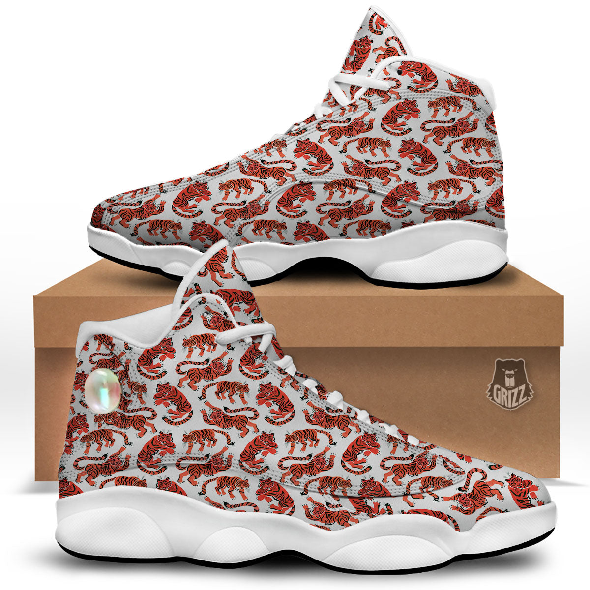 Tiger Gouache Print Pattern White Basketball Shoes-grizzshop