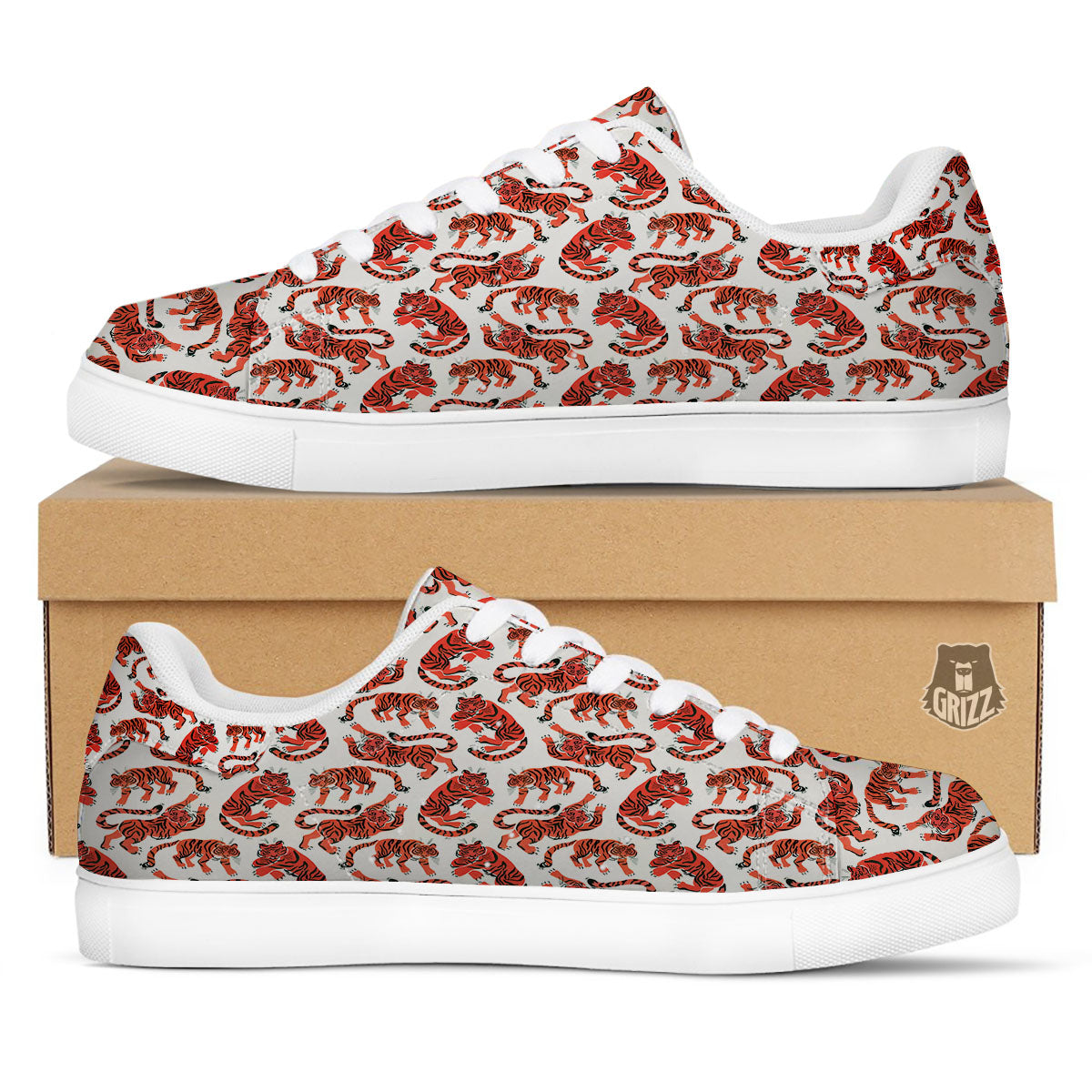 Tiger Gouache Print Pattern White Low Top Sneakers-grizzshop