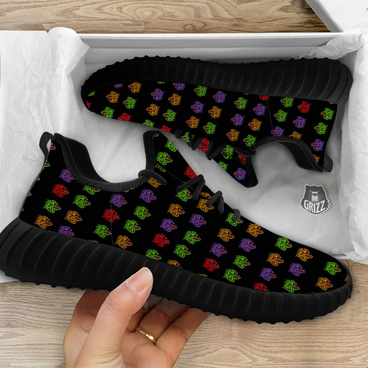 Tiger Head Colorful Print Pattern Black Walking Shoes-grizzshop