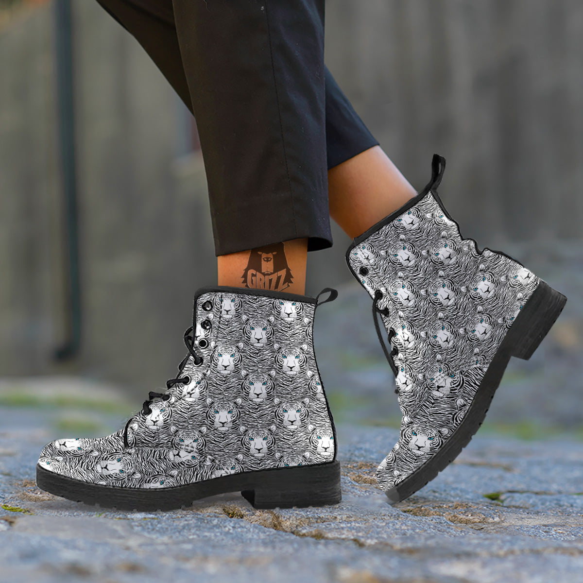 Tiger Head Striped Print Pattern Leather Boots-grizzshop