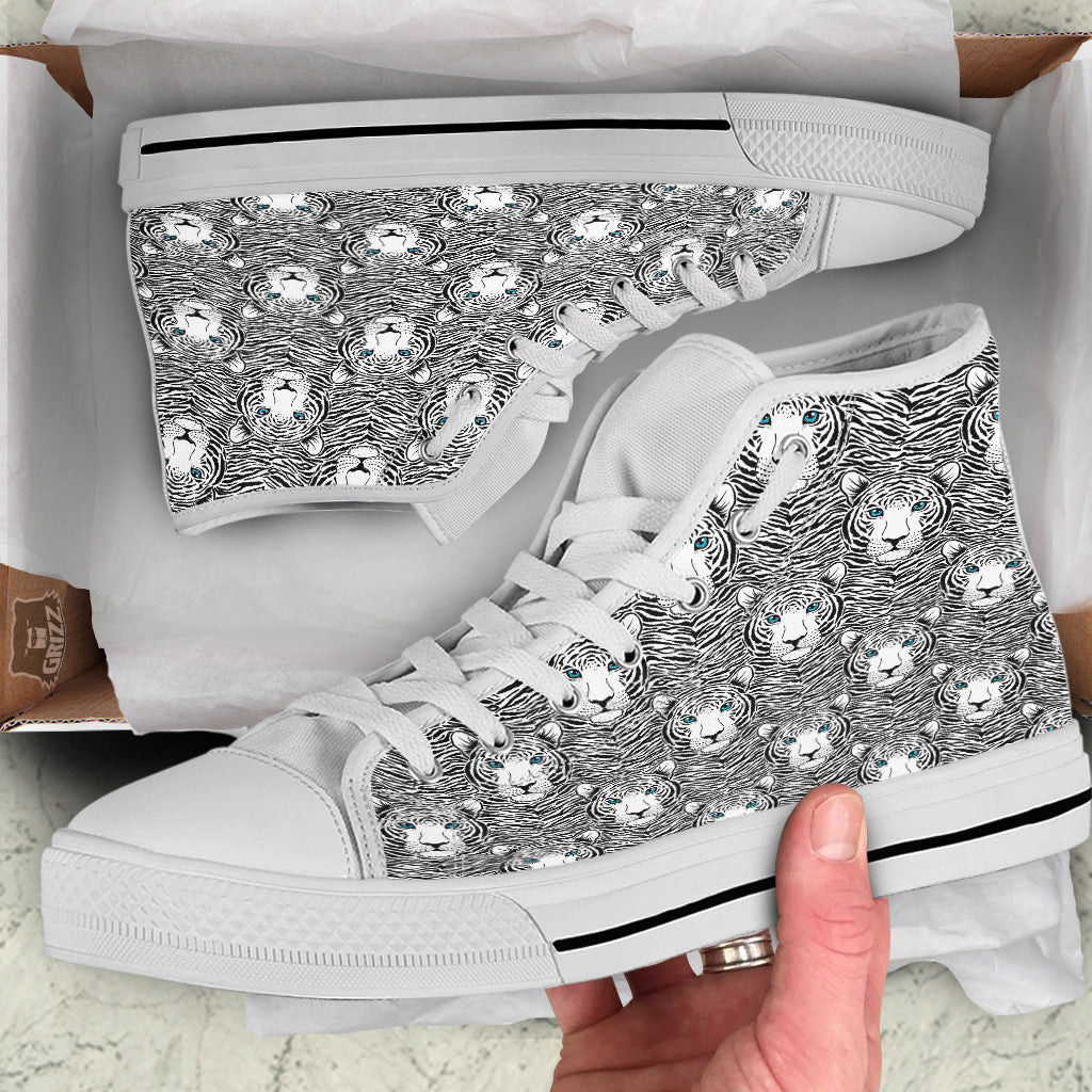 Tiger Head Striped Print Pattern White High Top Shoes-grizzshop