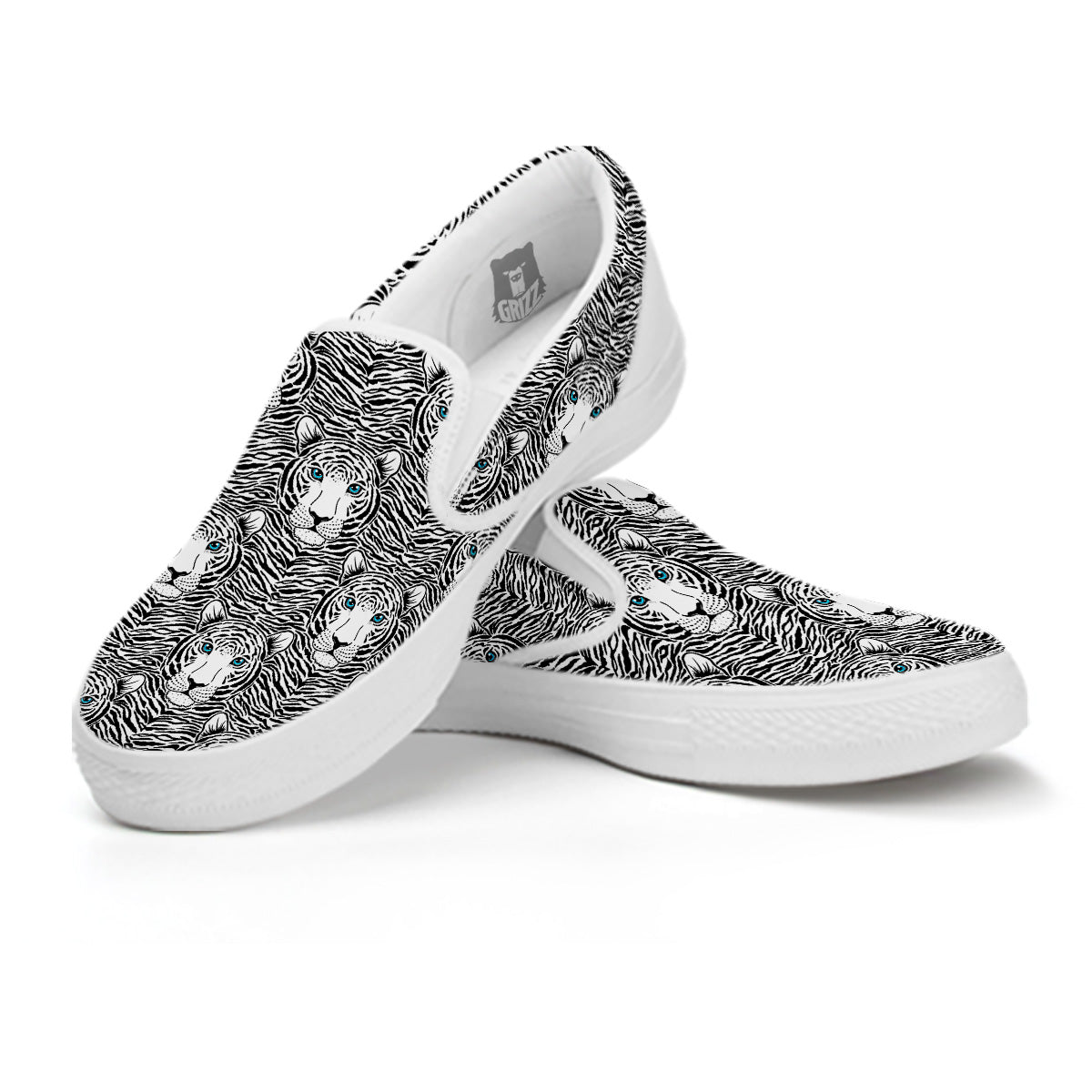 Tiger Head Striped Print Pattern White Slip On Shoes-grizzshop