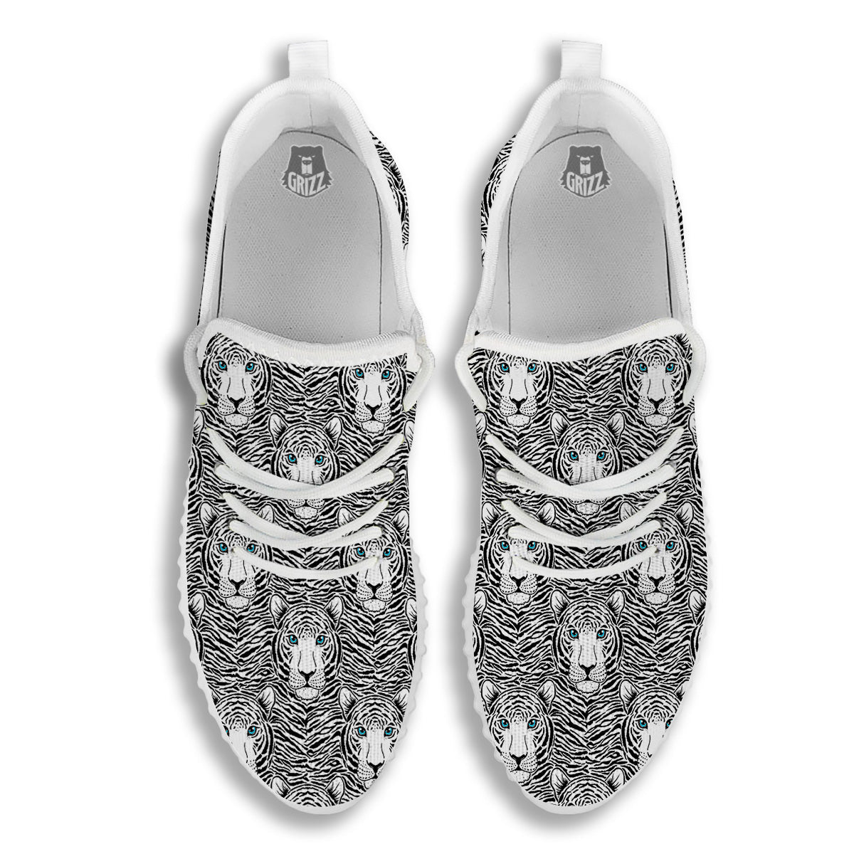 Tiger Head Striped Print Pattern White Walking Shoes-grizzshop