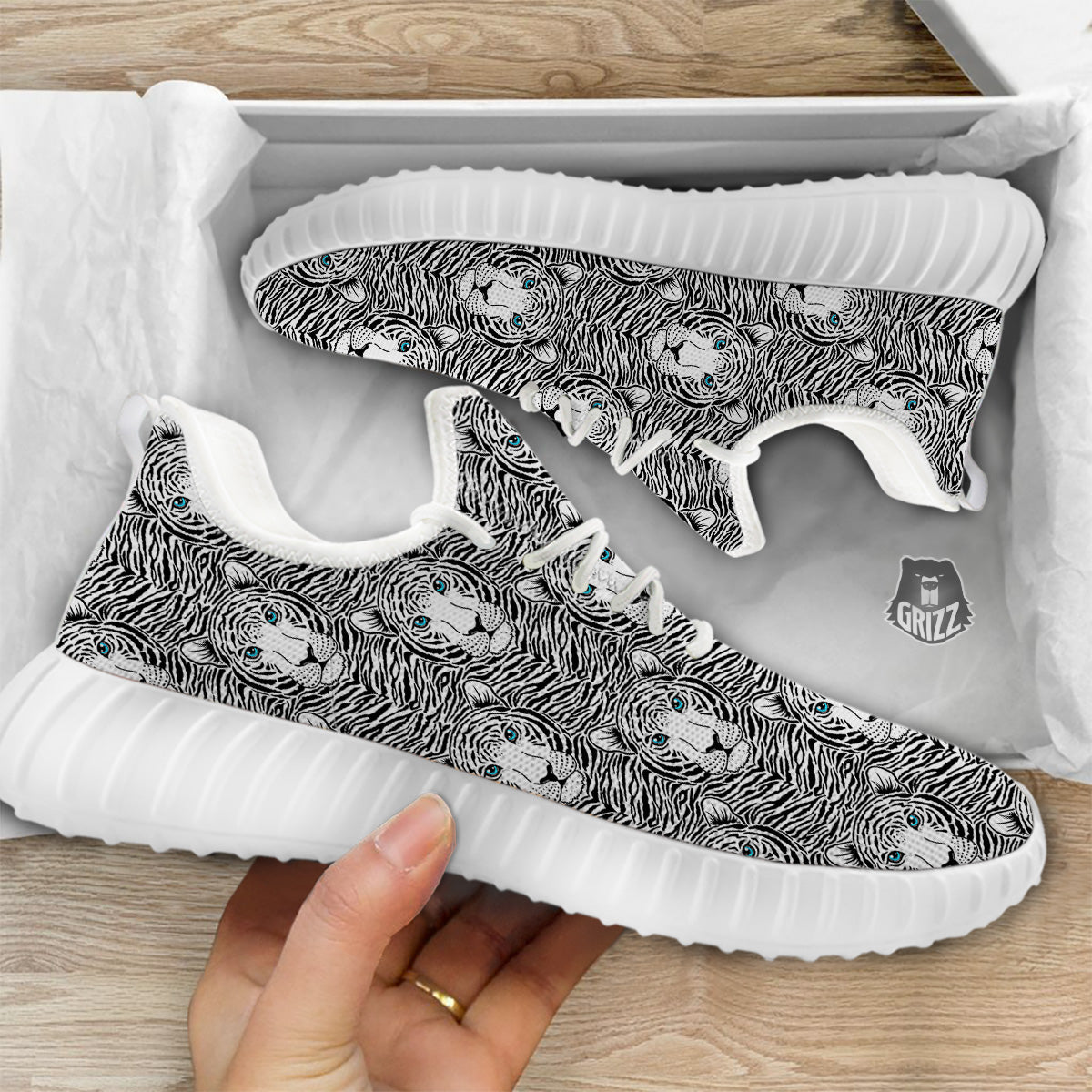 Tiger Head Striped Print Pattern White Walking Shoes-grizzshop