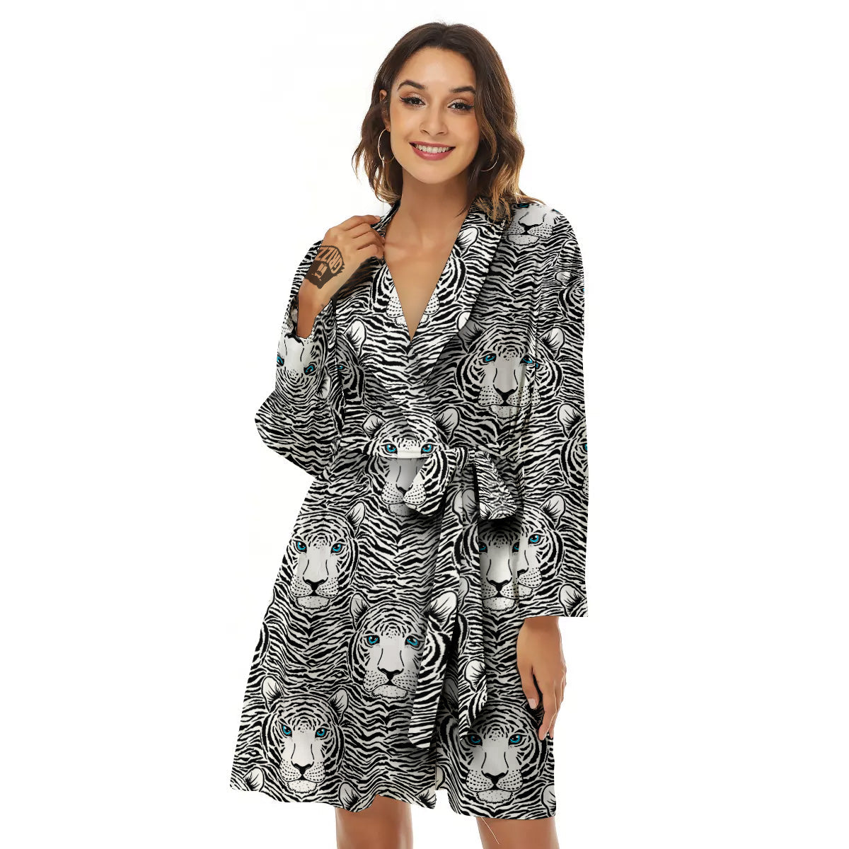 Tiger Head Striped Print Pattern Women's Robe-grizzshop