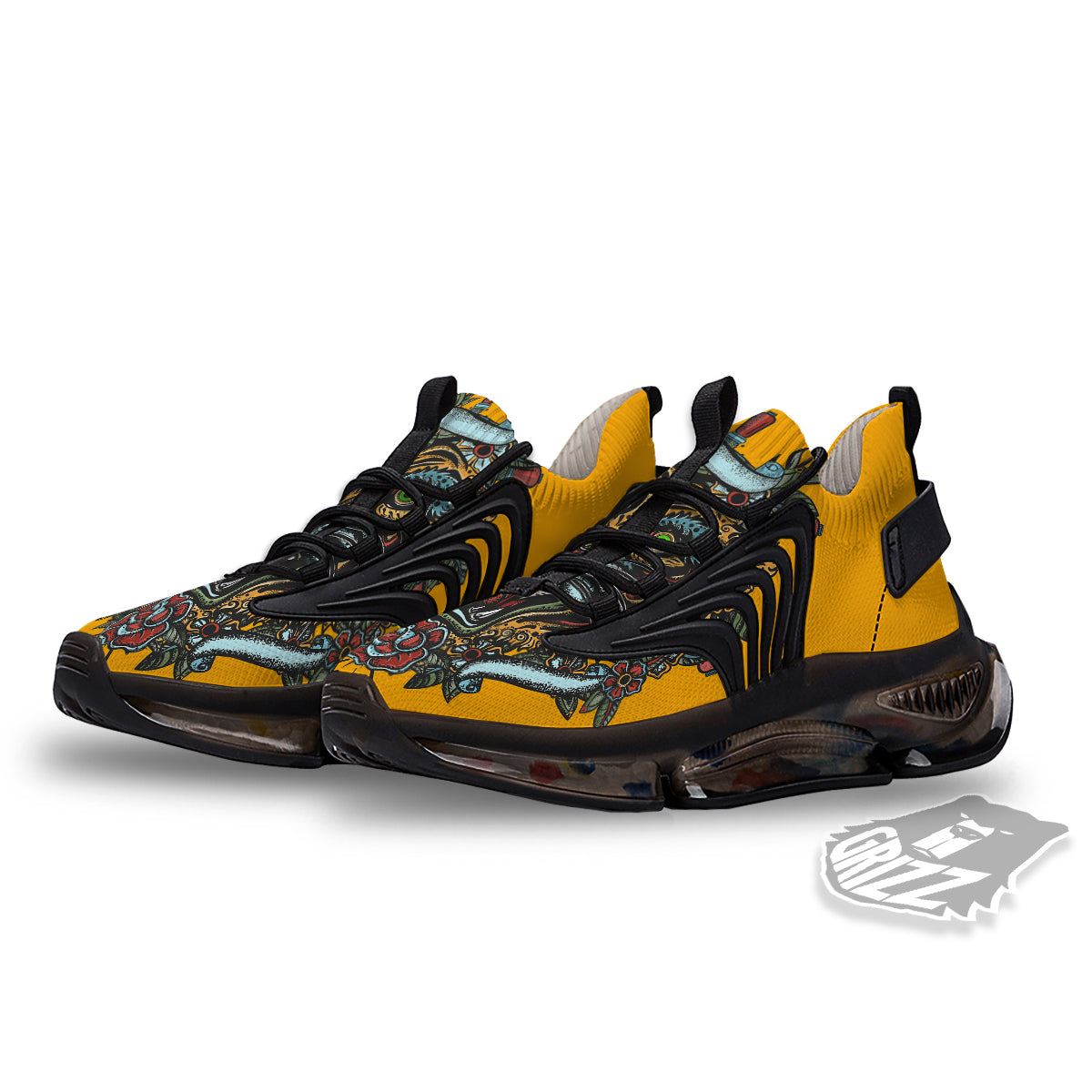 Tiger Head Tattoo Print Black Gym Shoes-grizzshop