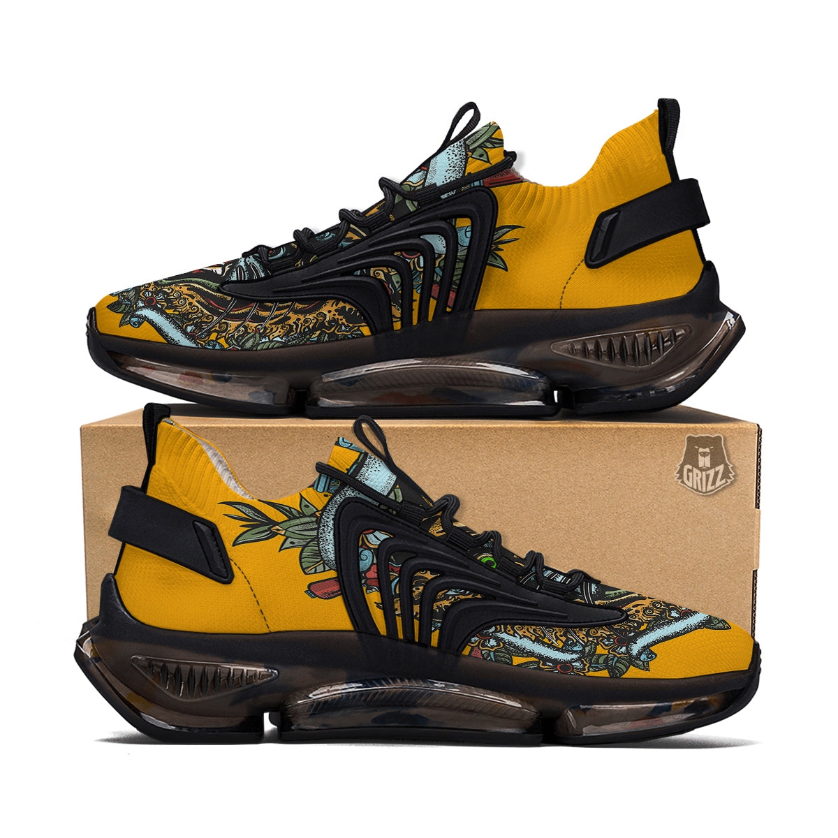 Tiger Head Tattoo Print Black Gym Shoes-grizzshop
