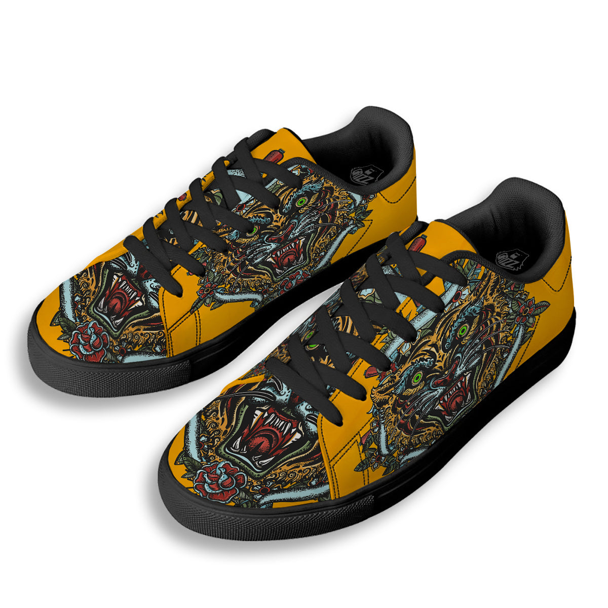 Tiger Head Tattoo Print Black Low Top Sneakers-grizzshop