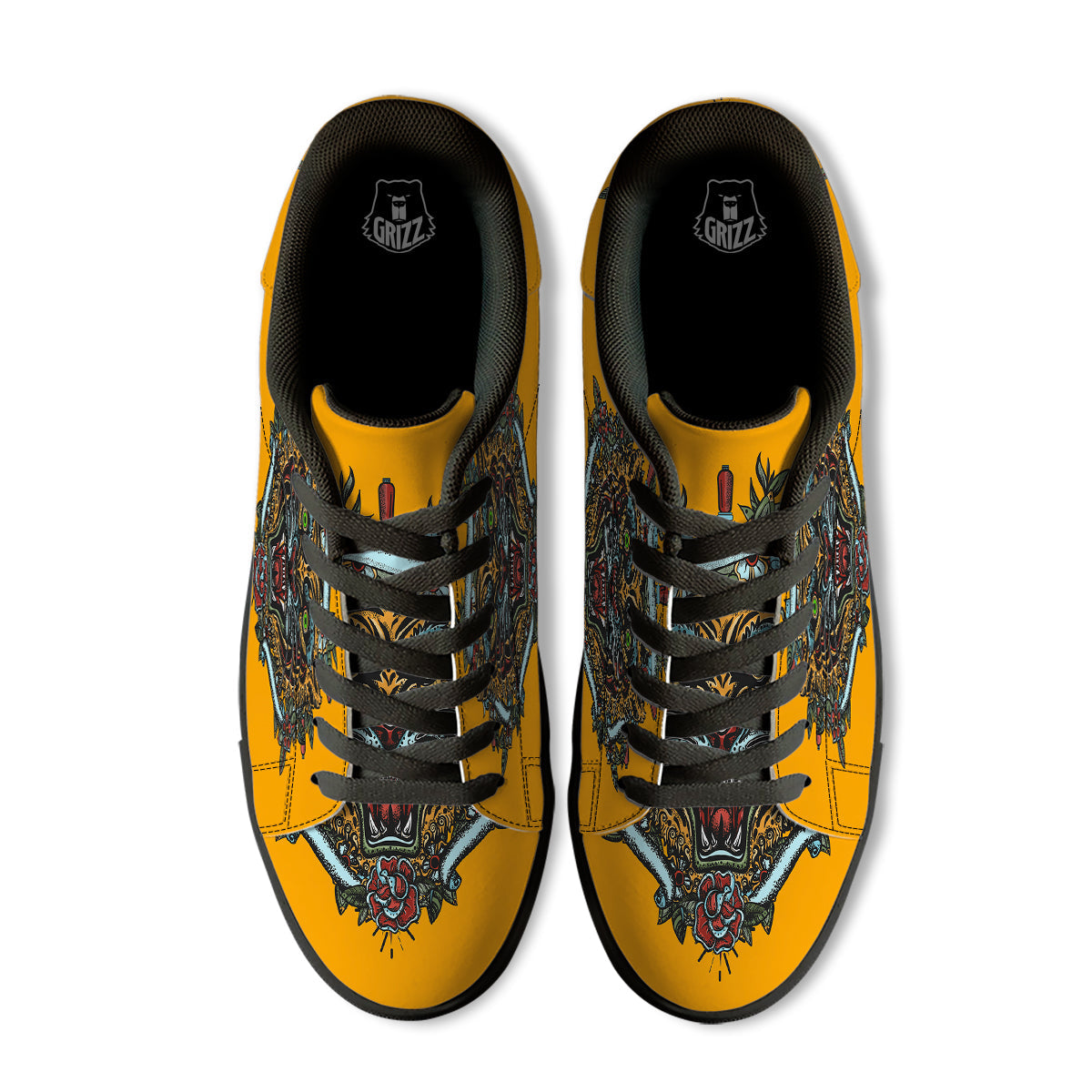 Tiger Head Tattoo Print Black Low Top Sneakers-grizzshop