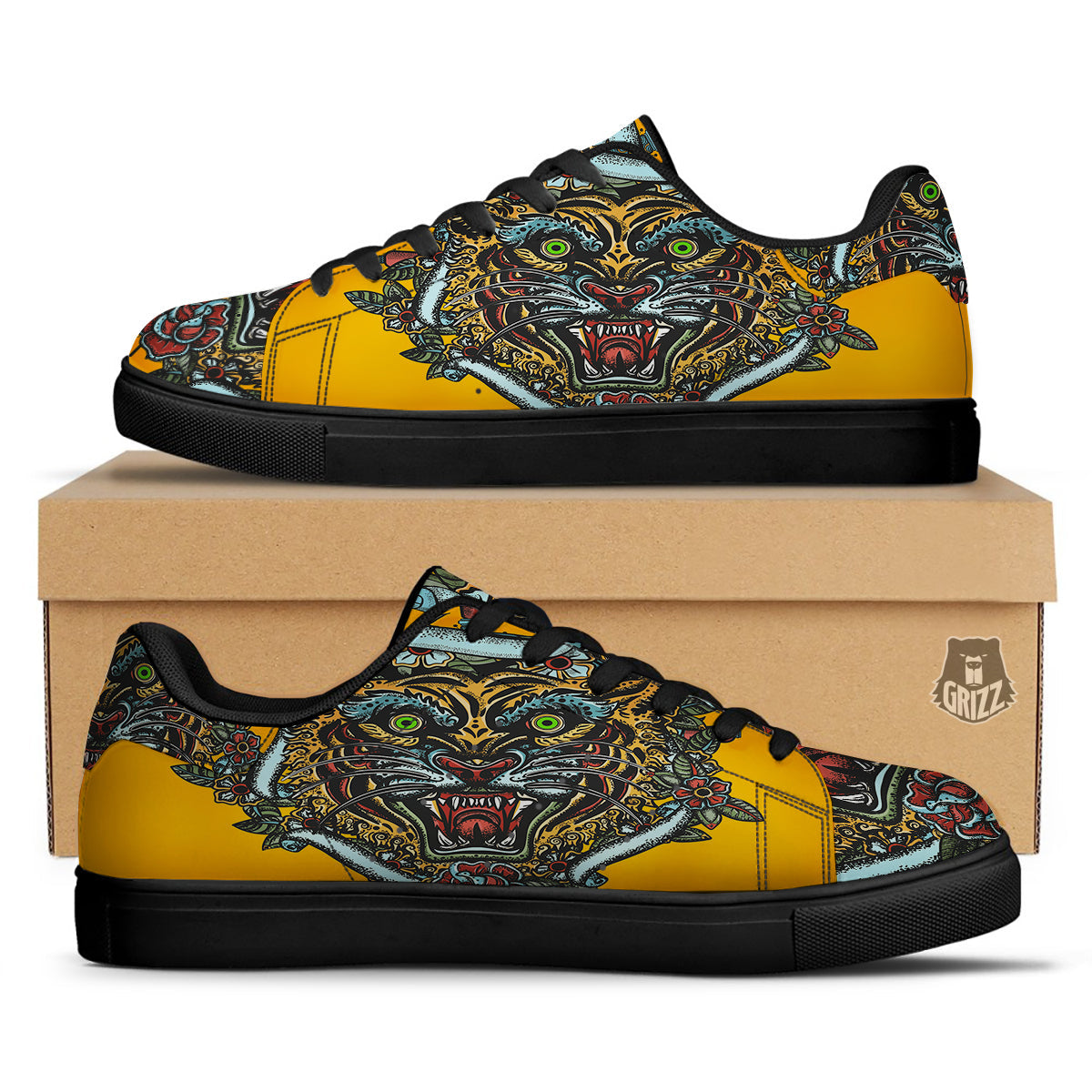 Tiger Head Tattoo Print Black Low Top Sneakers-grizzshop