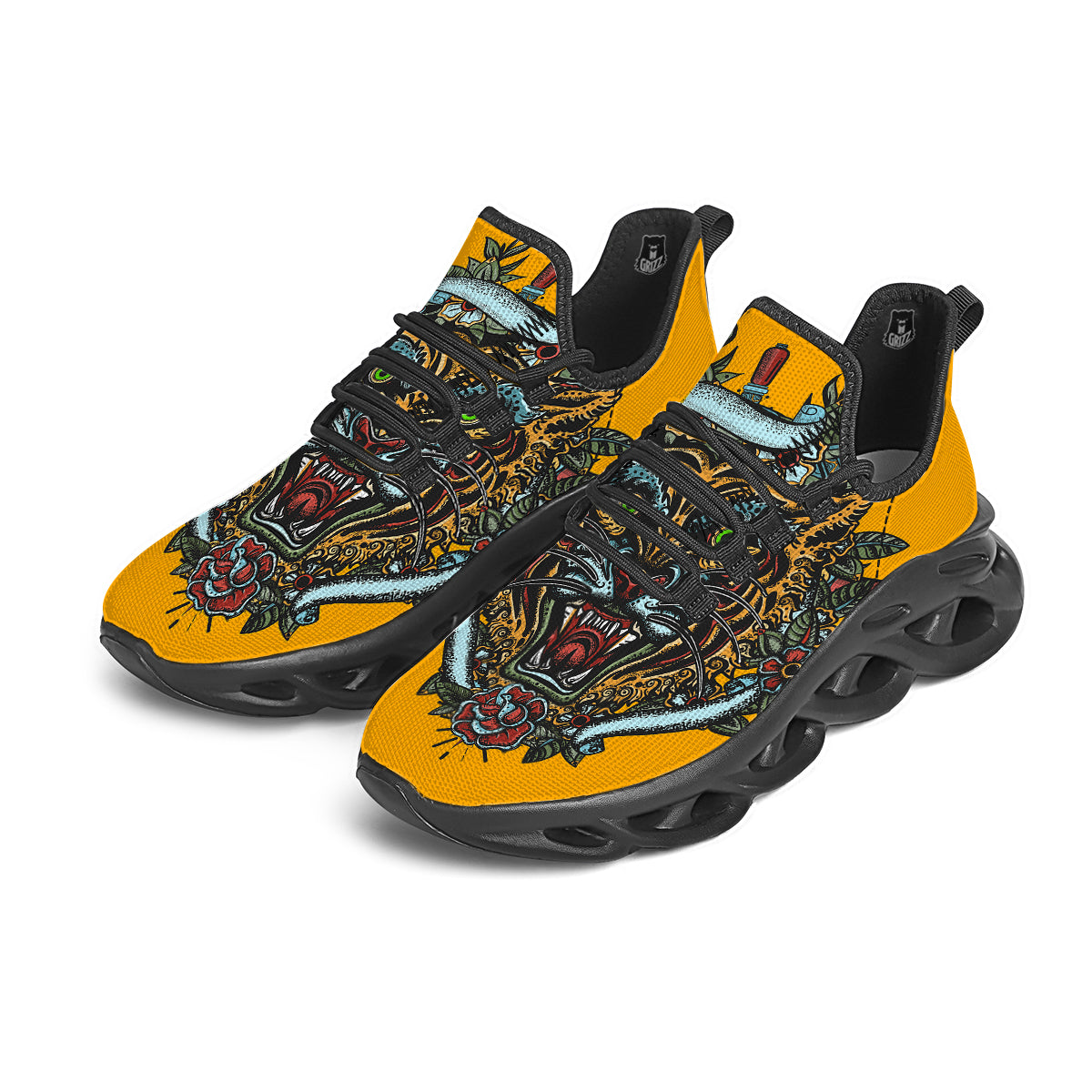 Tiger Head Tattoo Print Black Running Shoes-grizzshop