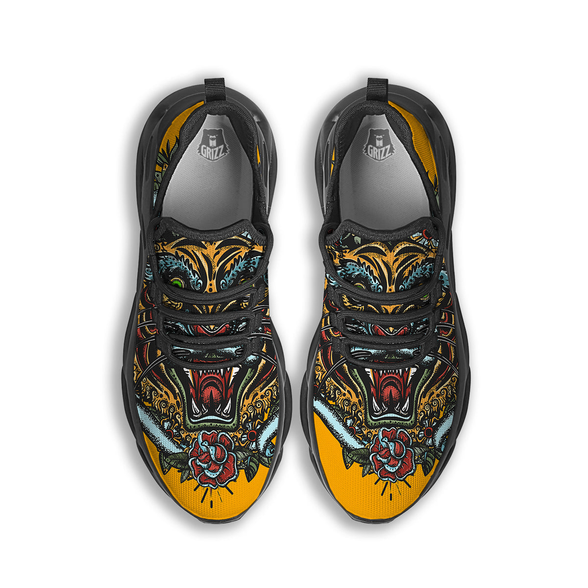 Tiger Head Tattoo Print Black Running Shoes-grizzshop