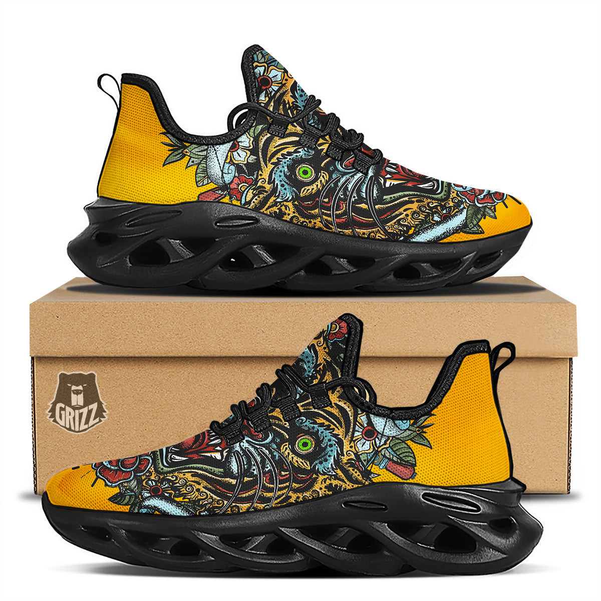 Tiger Head Tattoo Print Black Running Shoes-grizzshop