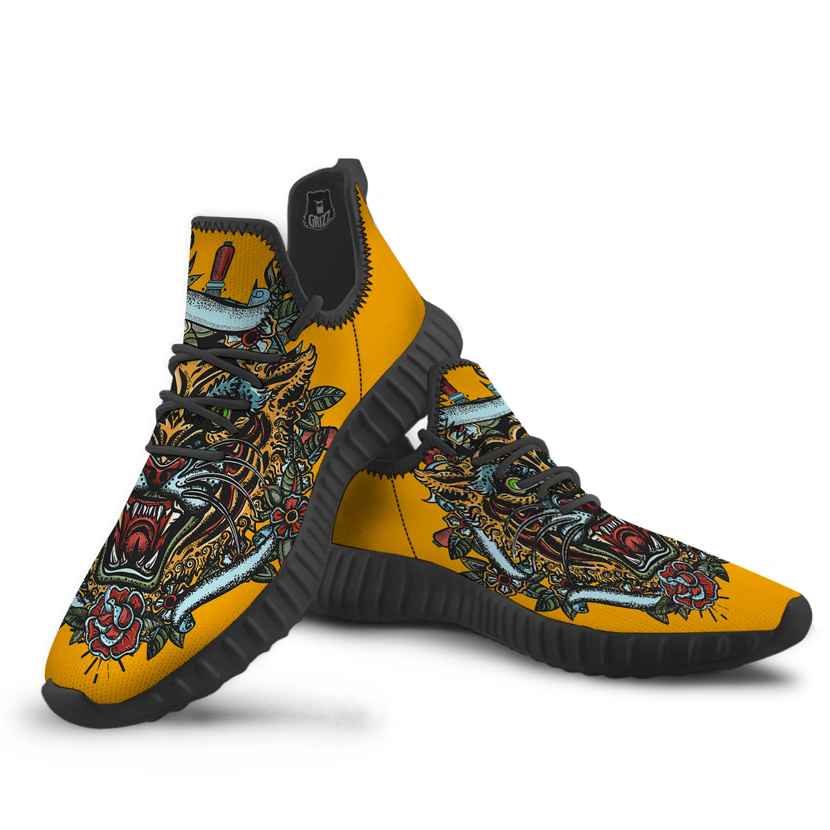Tiger Head Tattoo Print Black Walking Shoes-grizzshop