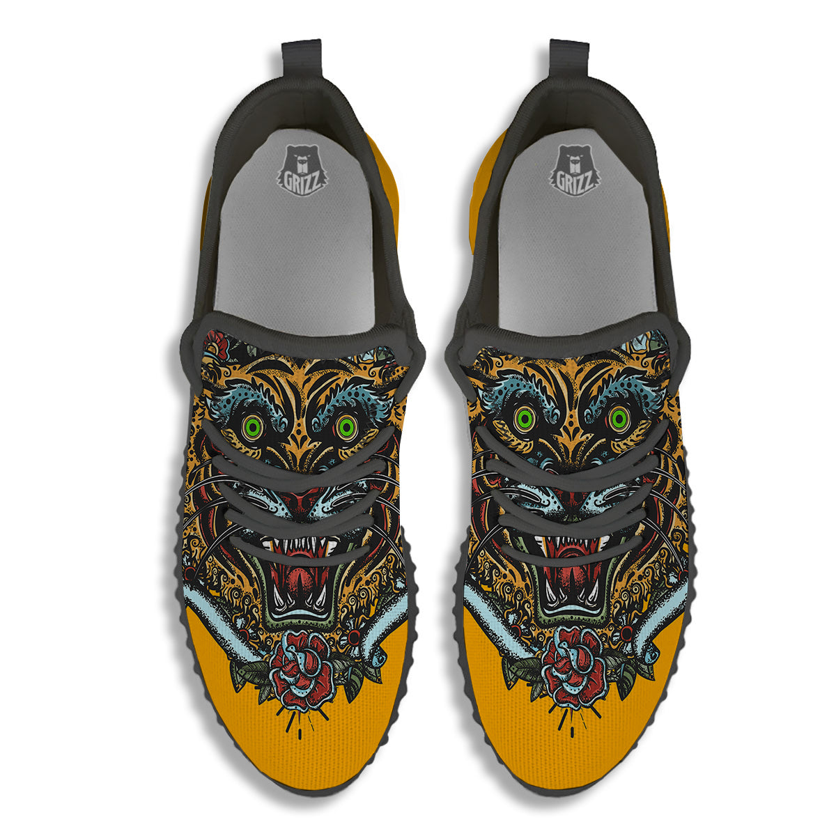 Tiger Head Tattoo Print Black Walking Shoes-grizzshop