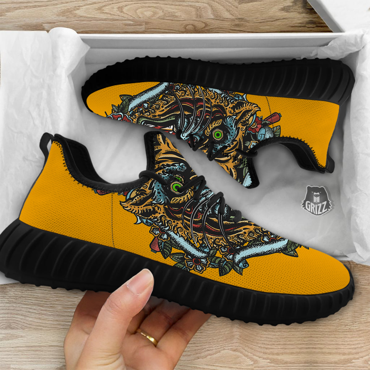 Tiger Head Tattoo Print Black Walking Shoes-grizzshop