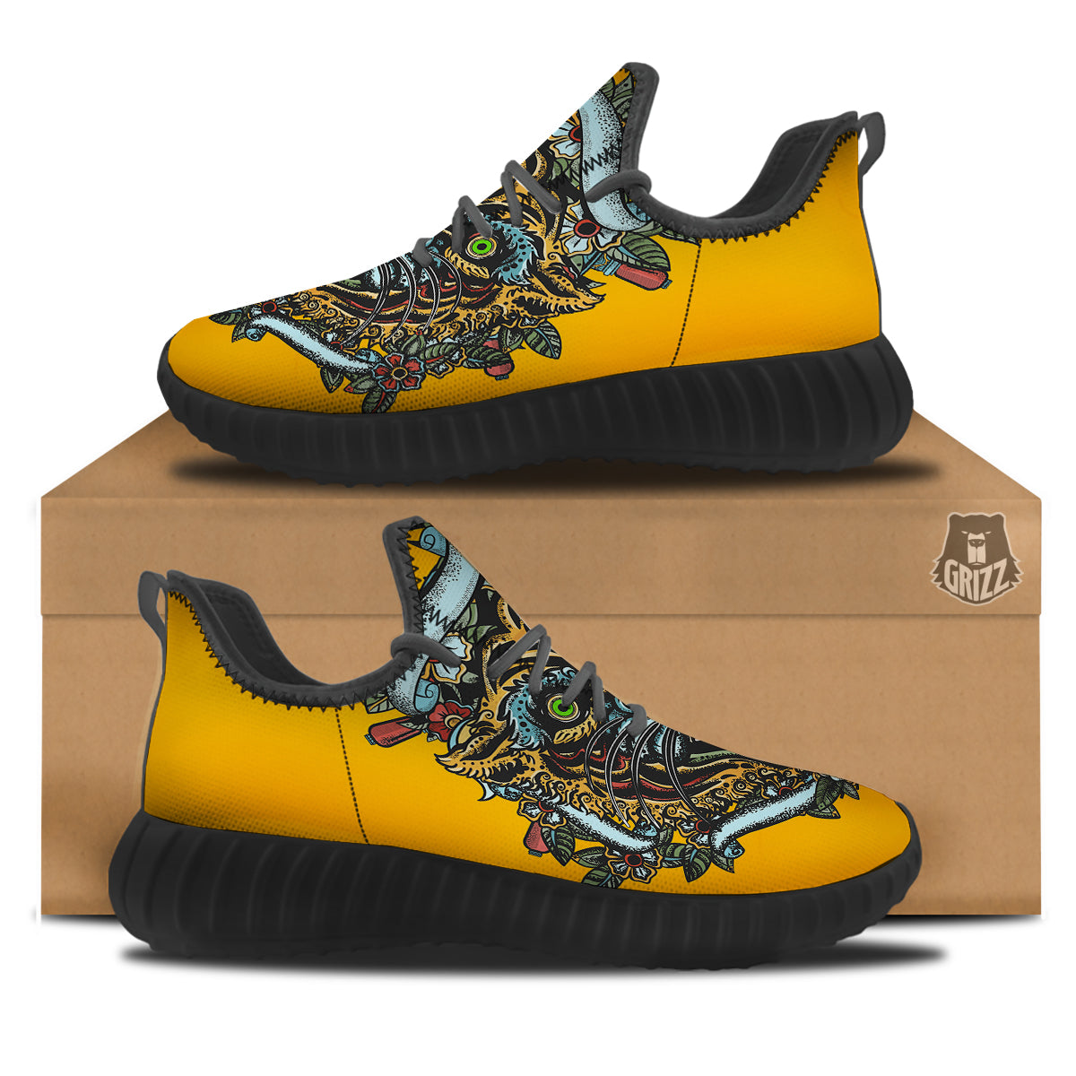 Tiger Head Tattoo Print Black Walking Shoes-grizzshop