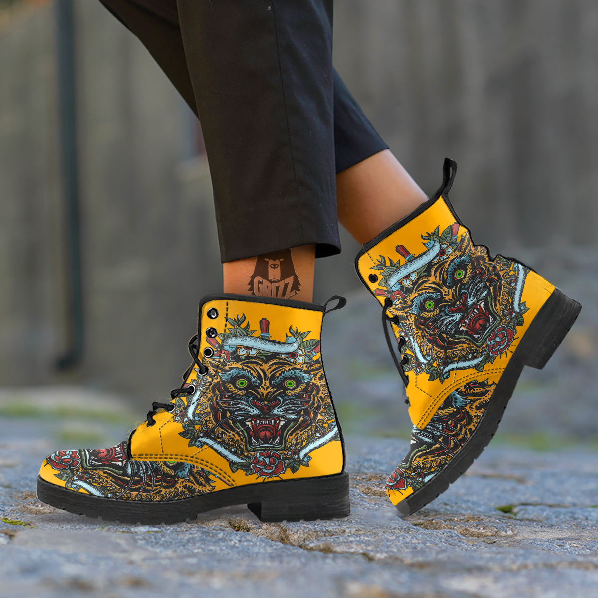 Tiger Head Tattoo Print Leather Boots-grizzshop