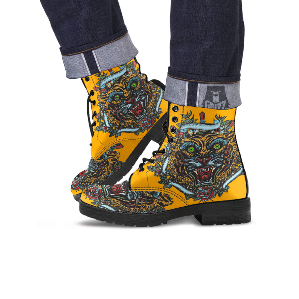 Tiger Head Tattoo Print Leather Boots-grizzshop