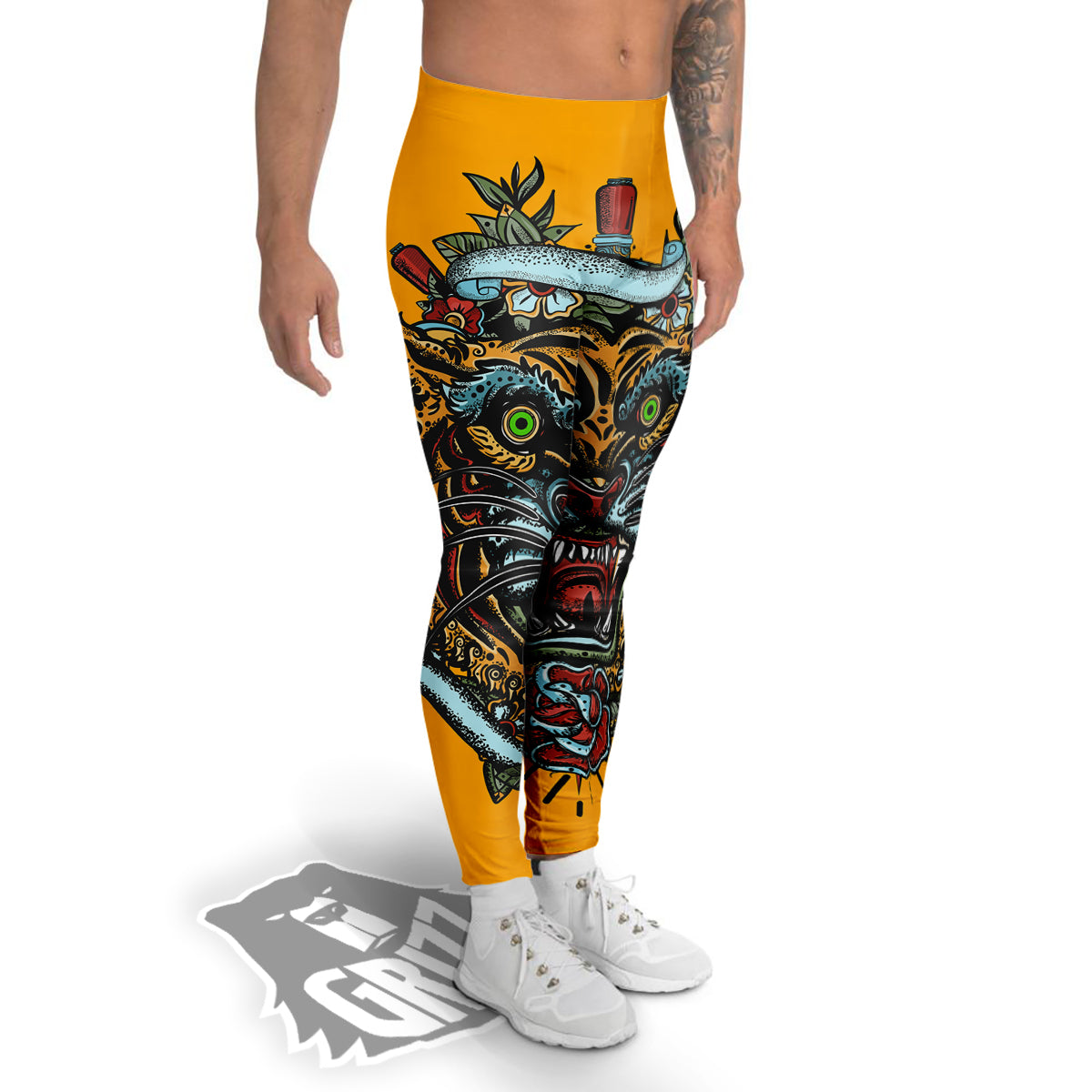 Tiger Head Tattoo Print Men's Leggings-grizzshop