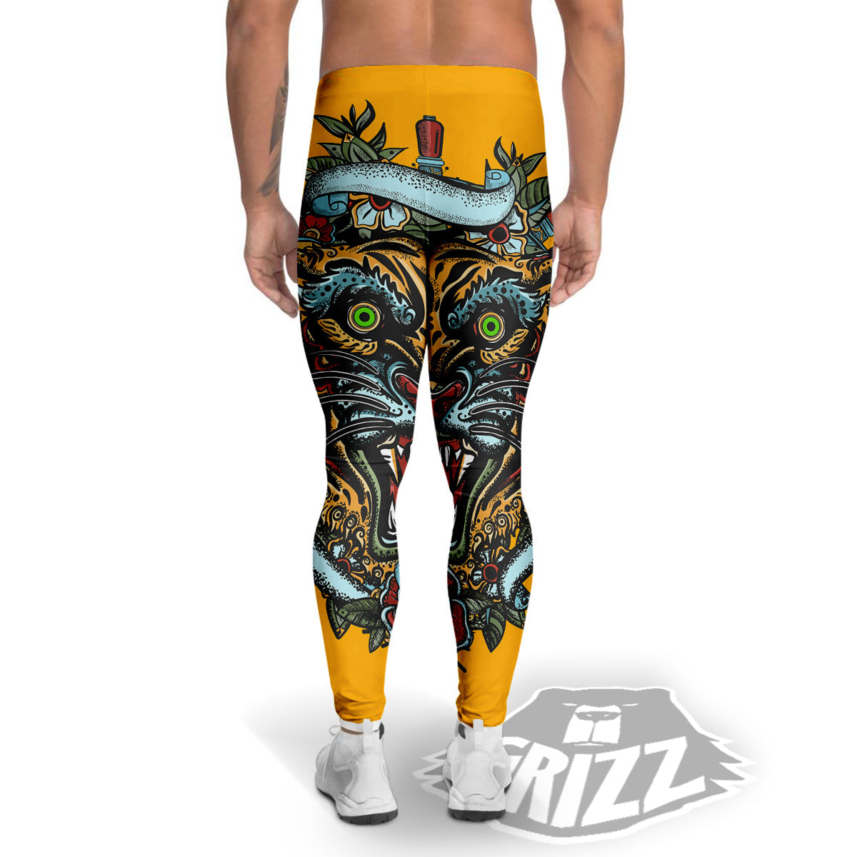 Tiger Head Tattoo Print Men's Leggings-grizzshop