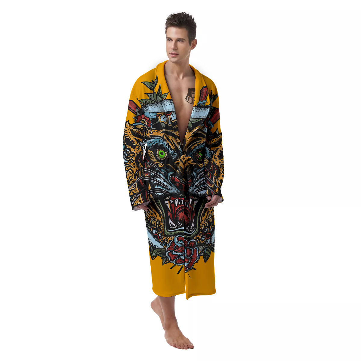 Tiger Head Tattoo Print Men's Robe-grizzshop